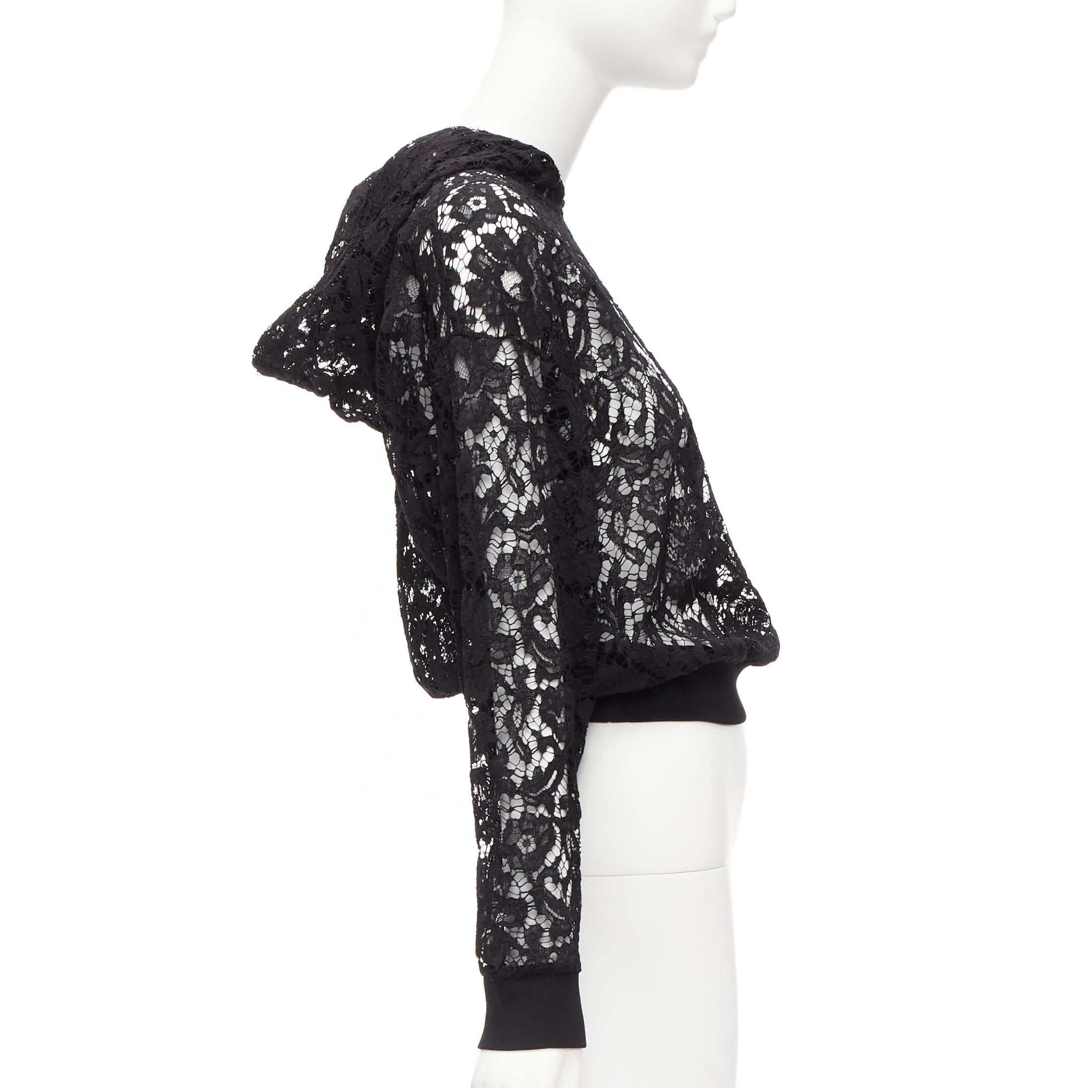 Valentino VALENTINO VLTN logo print floral black sheer lace hoodie lace cropped hoodie S Size S / US 4 / IT 40 - 4 Thumbnail