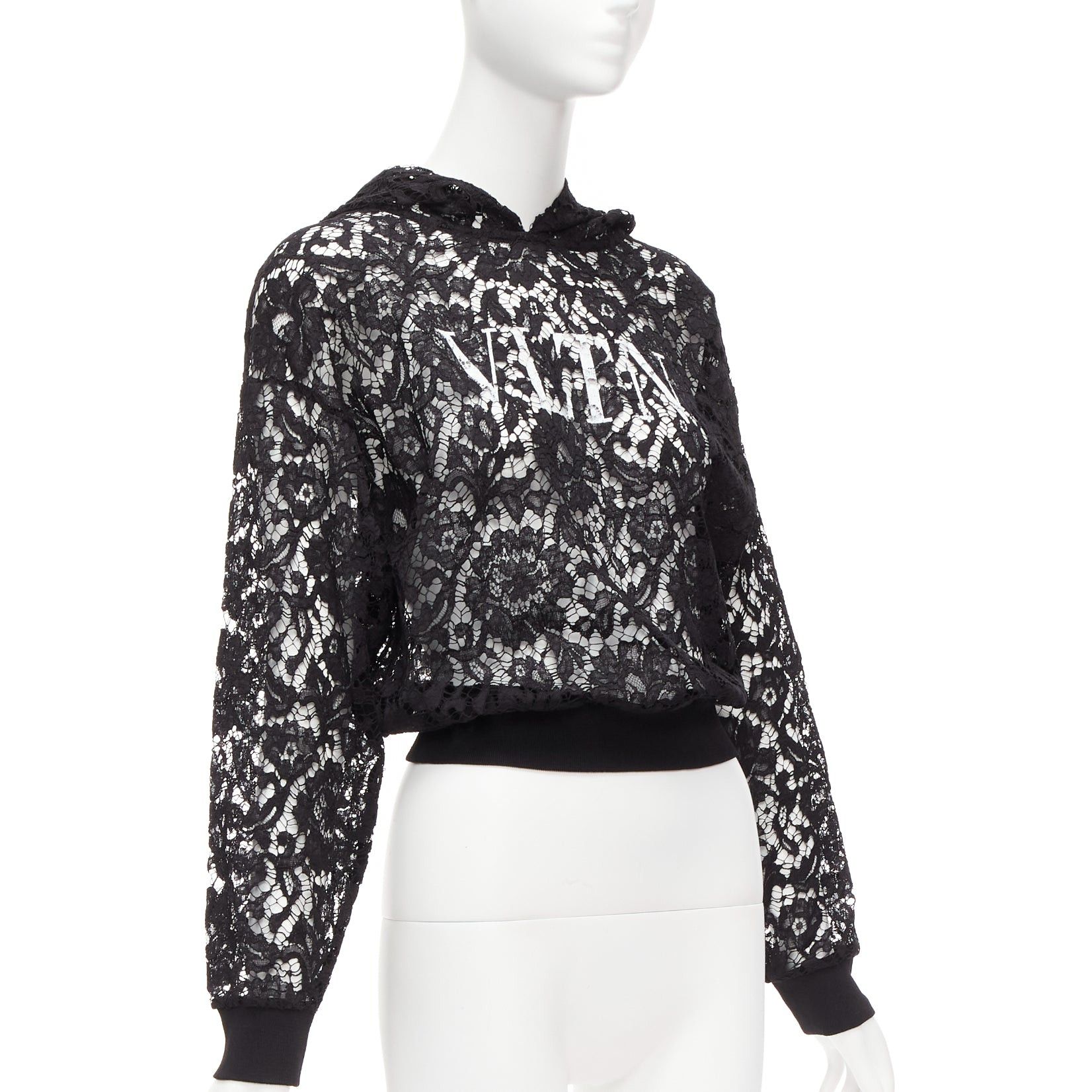 Valentino VALENTINO VLTN logo print floral black sheer lace hoodie lace cropped hoodie S Size S / US 4 / IT 40 - 3 Thumbnail