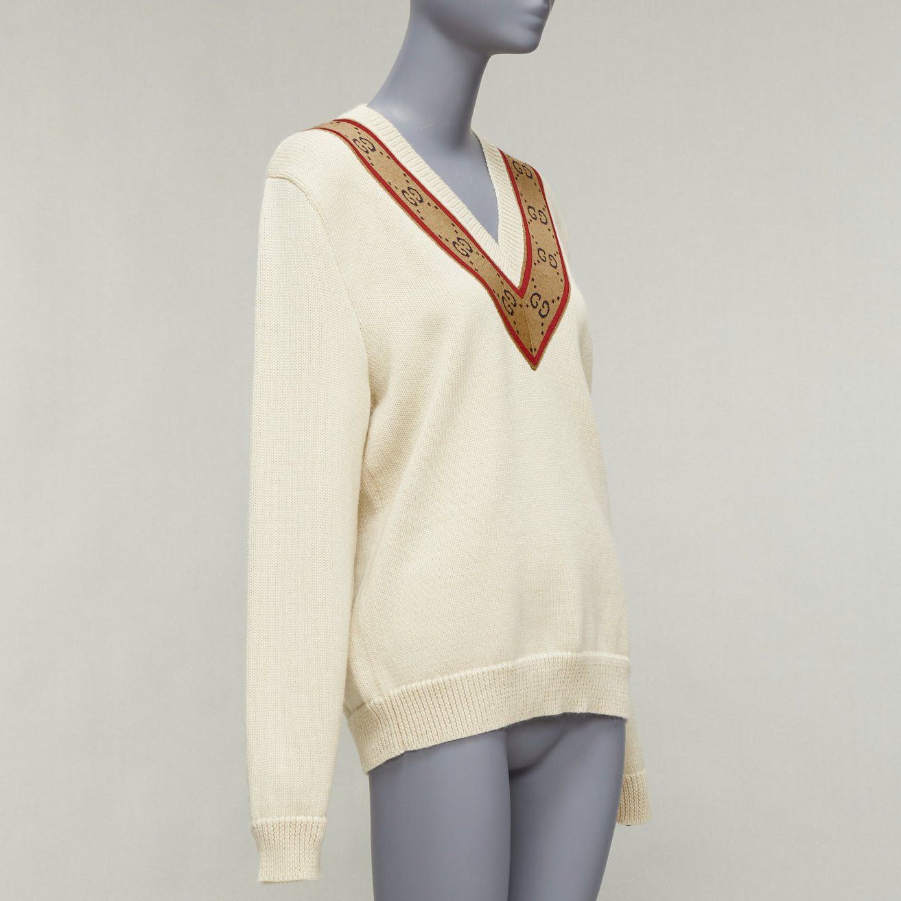 Gucci GUCCI 100% wool cream Vintage GG monogram V-neck varsity sweater S Size M / US 6-8 / IT 42-44 - 3 Thumbnail