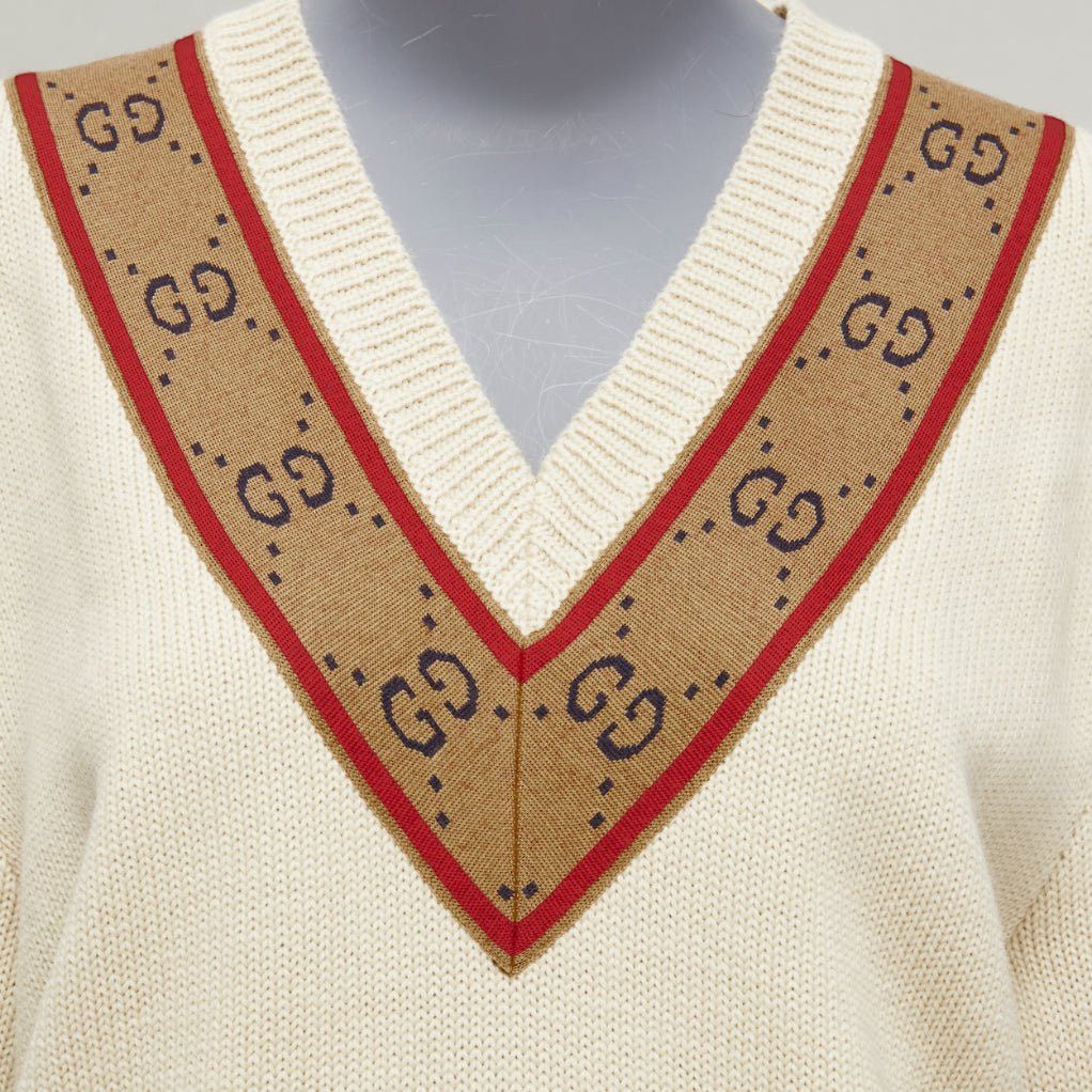 Gucci GUCCI 100% wool cream Vintage GG monogram V-neck varsity sweater S Size M / US 6-8 / IT 42-44 - 2 Thumbnail