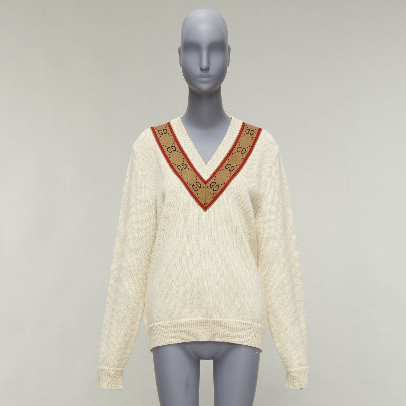 Gucci GUCCI 100% wool cream Vintage GG monogram V-neck varsity sweater S Size M / US 6-8 / IT 42-44 - 9 Thumbnail