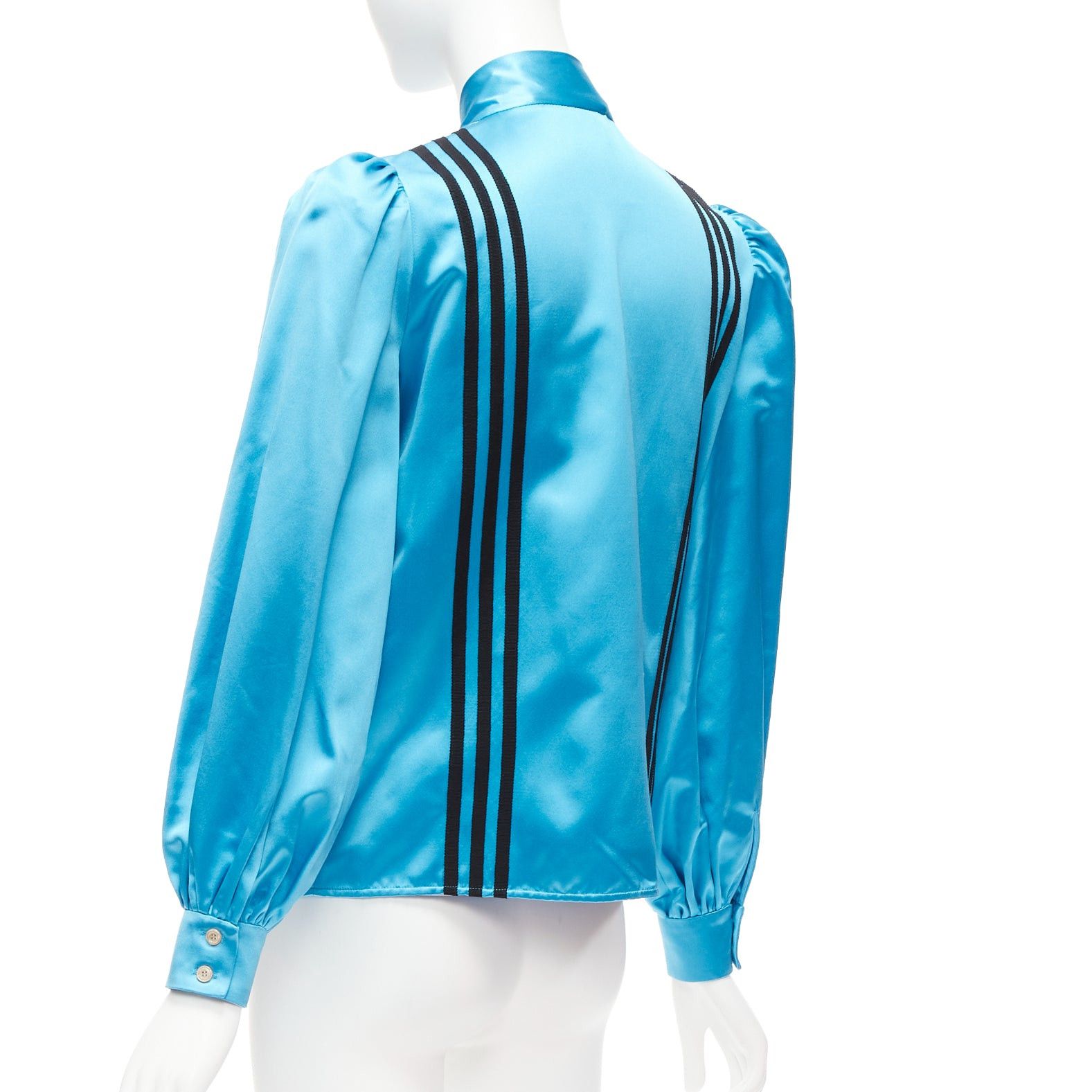 Gucci rare GUCCI ADIDAS blue silk 3 stripe pussy bow Victorian puff sleeve blouse IT38 Size XS / US 0-2 / IT 36-38 - 6 Thumbnail