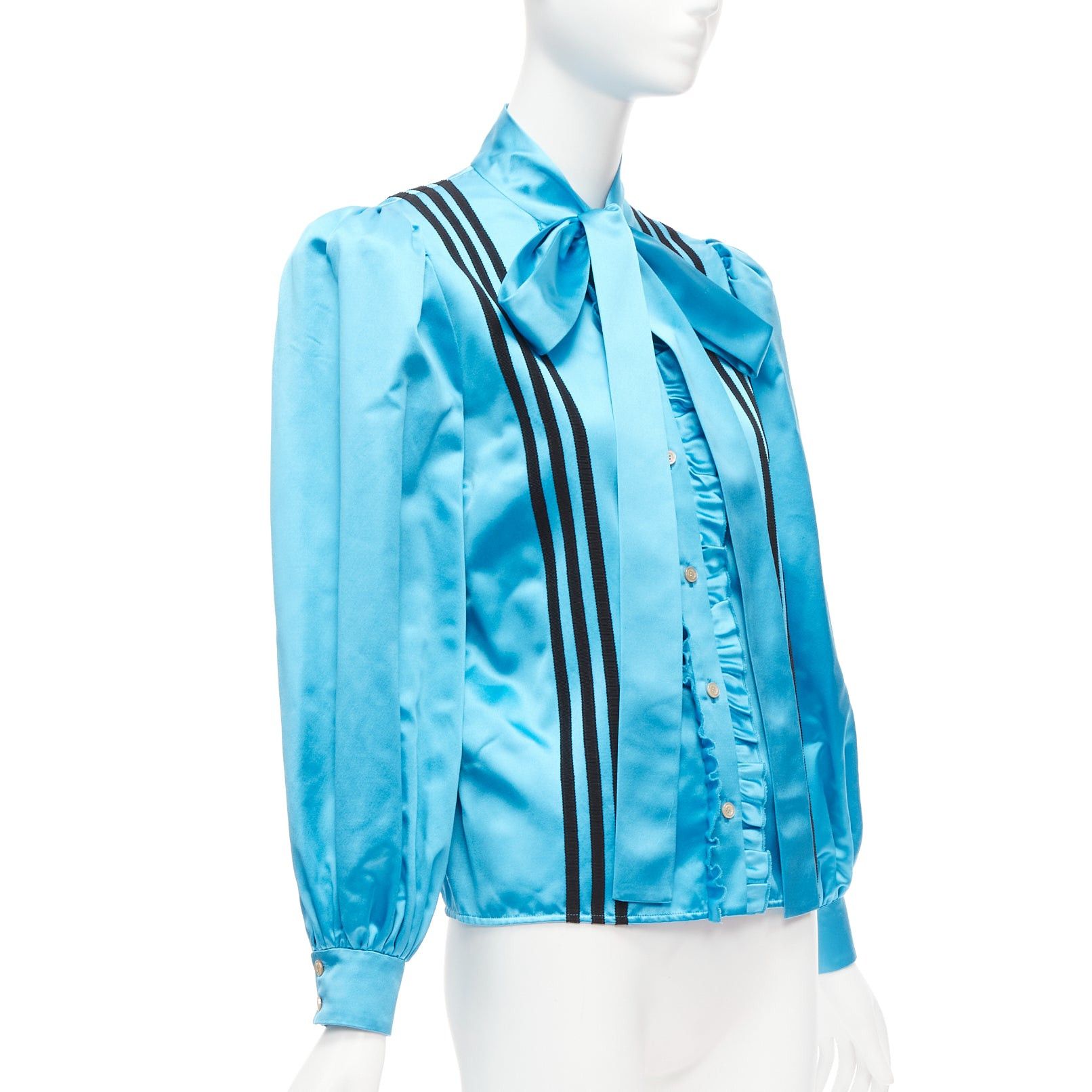 Gucci rare GUCCI ADIDAS blue silk 3 stripe pussy bow Victorian puff sleeve blouse IT38 Size XS / US 0-2 / IT 36-38 - 3 Thumbnail