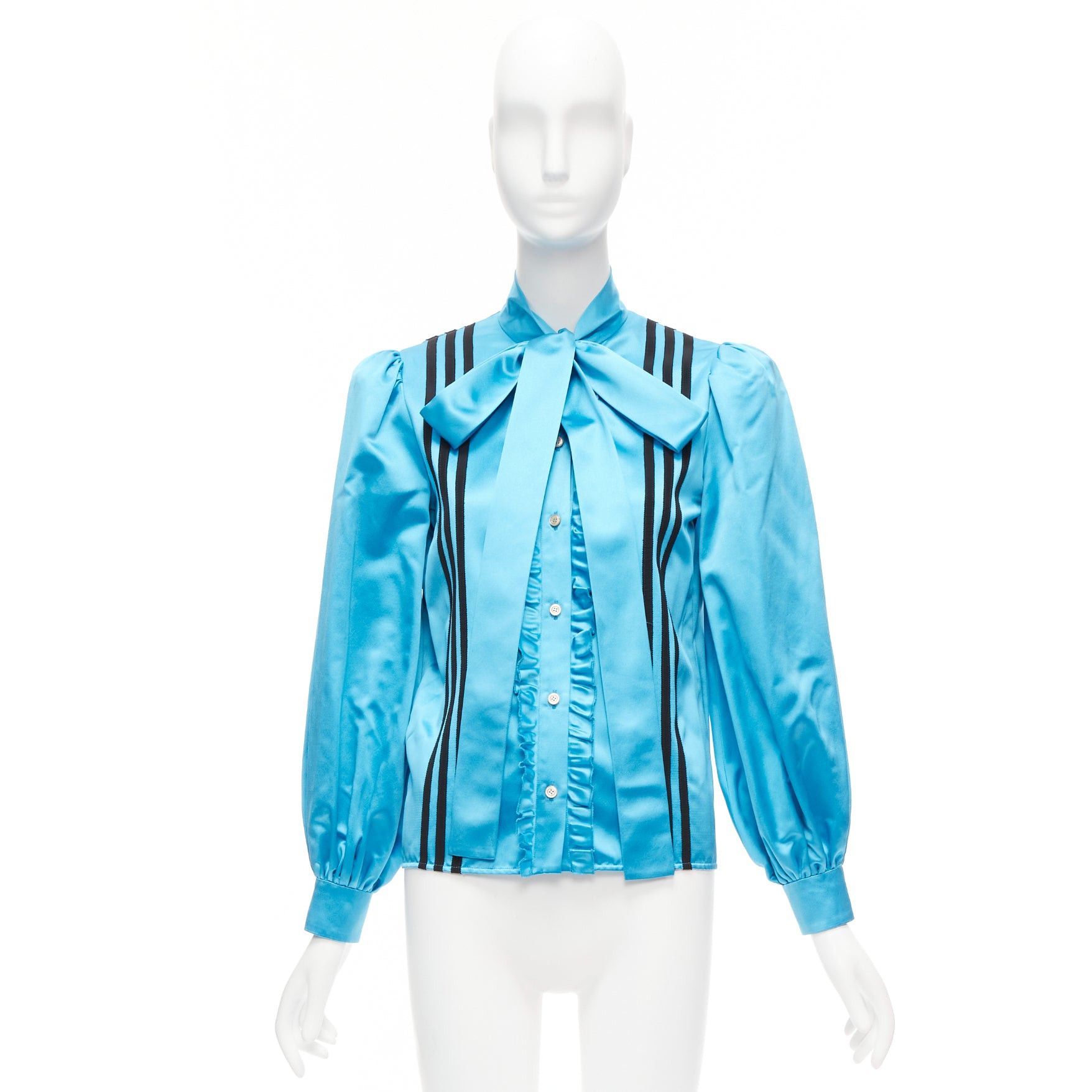 Gucci rare GUCCI ADIDAS blue silk 3 stripe pussy bow Victorian puff sleeve blouse IT38 Size XS / US 0-2 / IT 36-38 - 9 Thumbnail