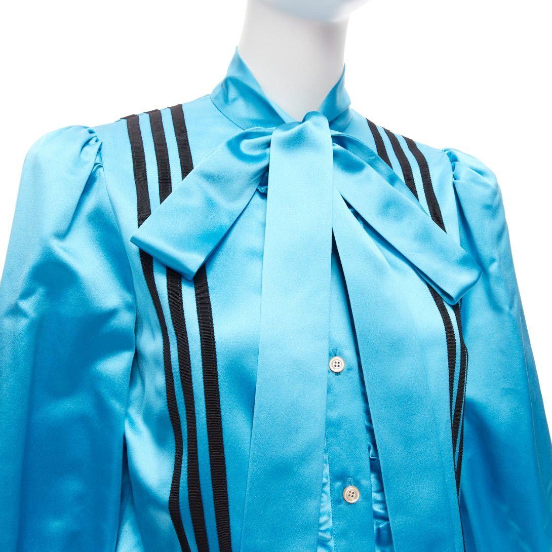 Gucci rare GUCCI ADIDAS blue silk 3 stripe pussy bow Victorian puff sleeve blouse IT38 Size XS / US 0-2 / IT 36-38 - 2 Thumbnail