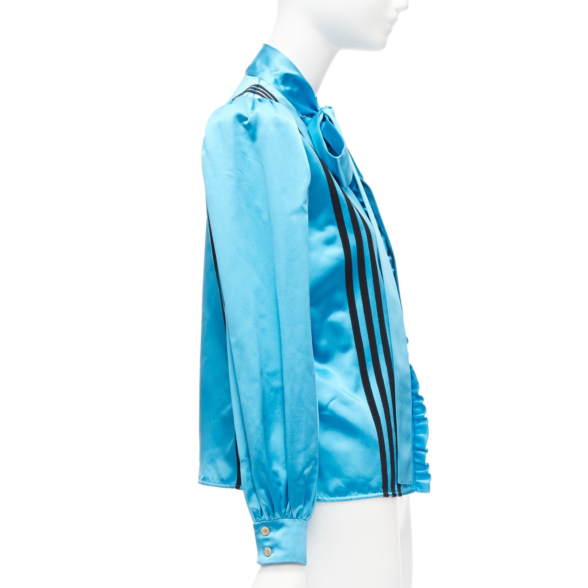 Gucci rare GUCCI ADIDAS blue silk 3 stripe pussy bow Victorian puff sleeve blouse IT38 Size XS / US 0-2 / IT 36-38 - 4 Thumbnail