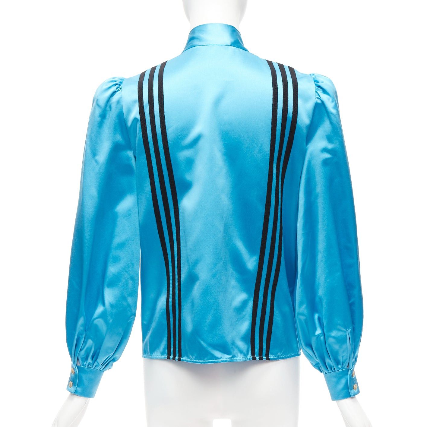 Gucci rare GUCCI ADIDAS blue silk 3 stripe pussy bow Victorian puff sleeve blouse IT38 Size XS / US 0-2 / IT 36-38 - 5 Thumbnail