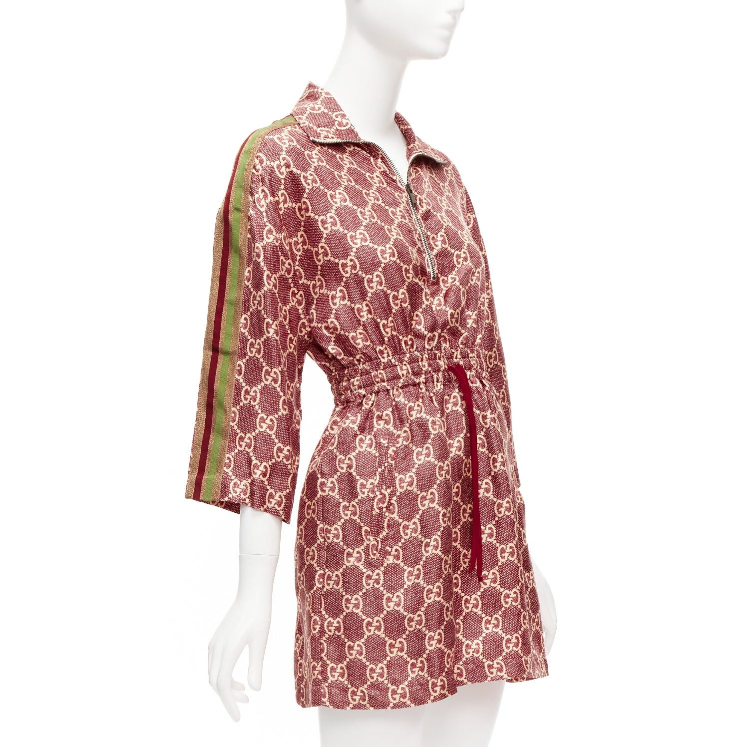 Gucci GUCCI 100% silk red beige GG supreme monogram print web trim mini dress XXS Size XS / US 0-2 / IT 36-38 - 3 Thumbnail
