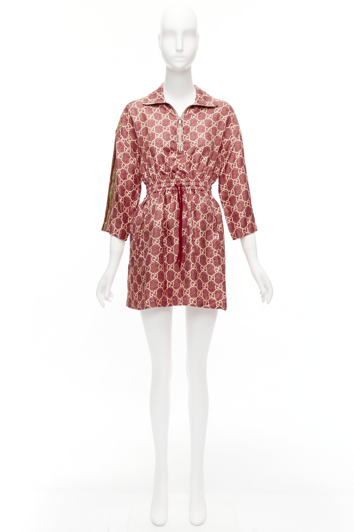Gucci GUCCI 100% silk red beige GG supreme monogram print web trim mini dress XXS Size XS / US 0-2 / IT 36-38 - 9 Thumbnail