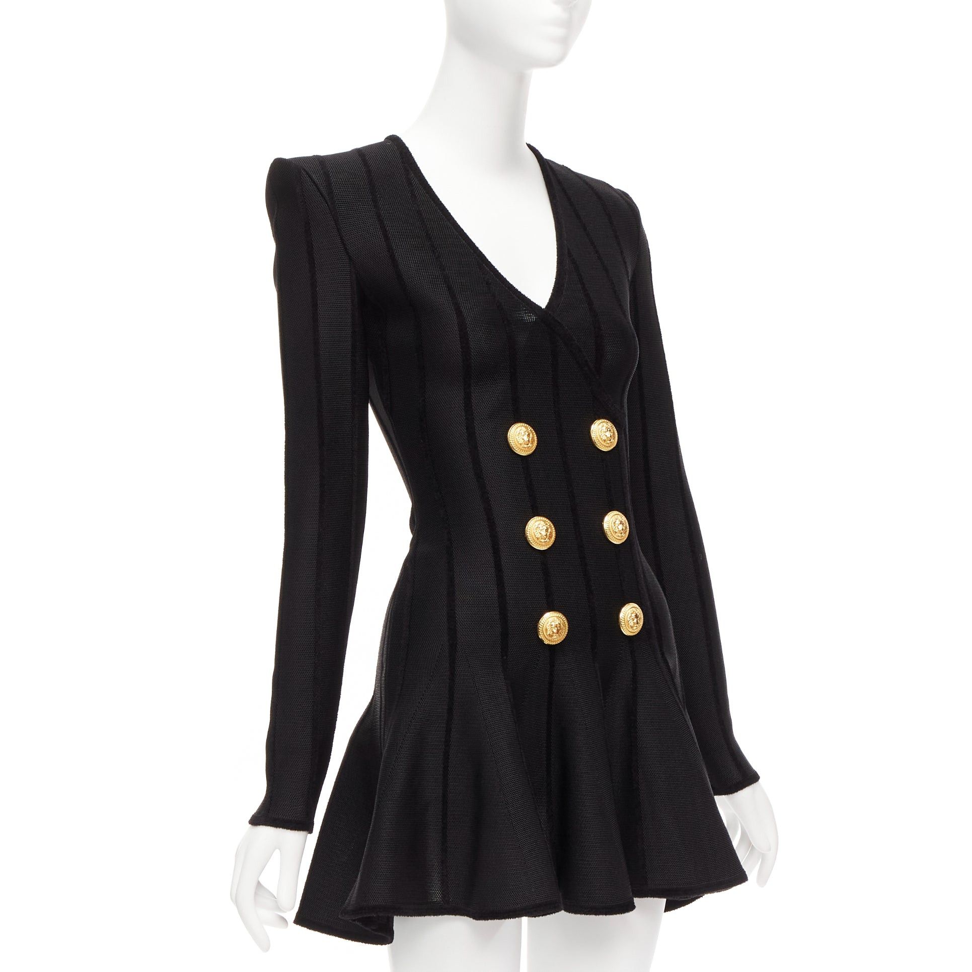 Balmain BALMAIN 2023 black striped chenille gold lion button mesh mini dress FR34 XS Size XS / US 0-2 / IT 36-38 - 3 Thumbnail