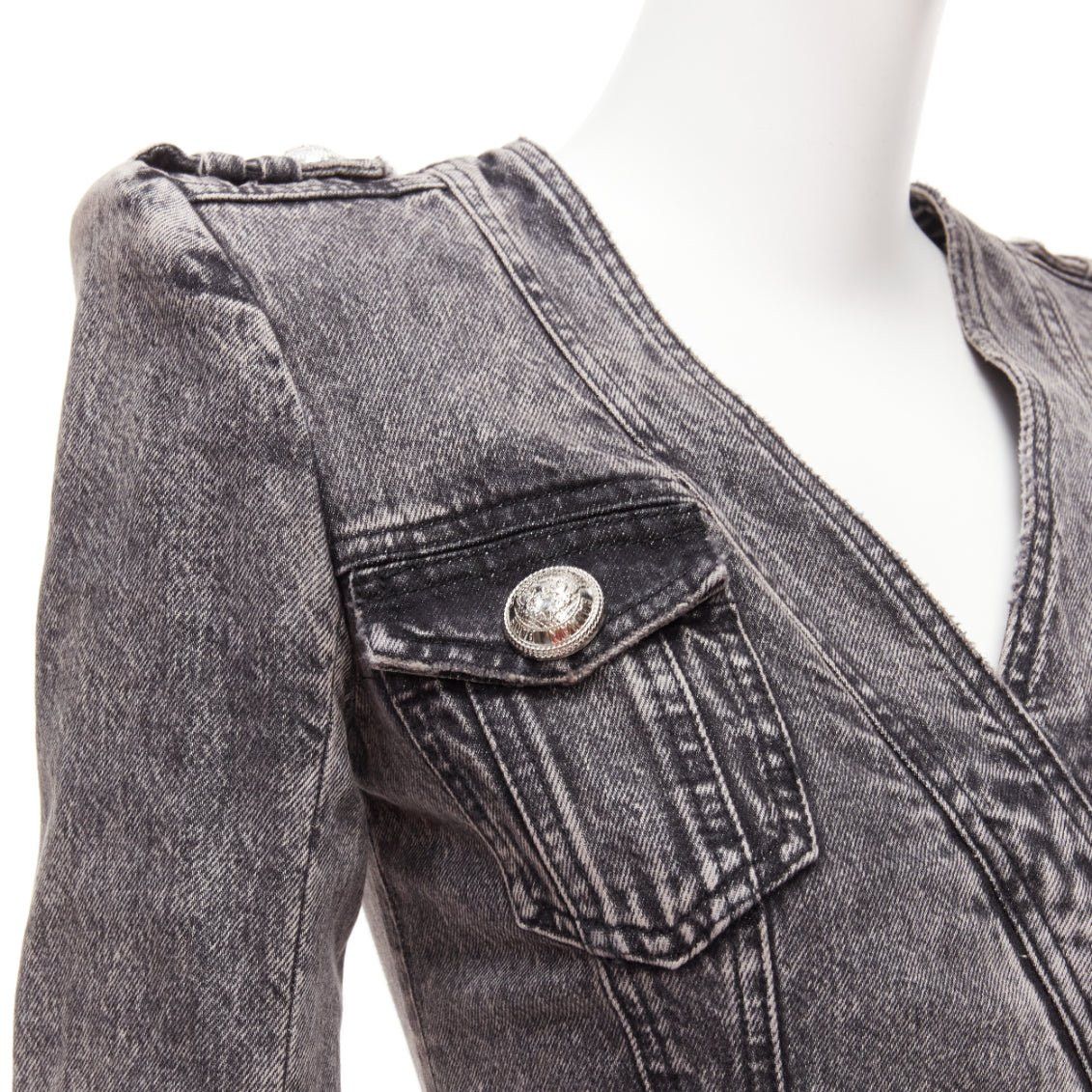 Balmain BALMAIN grey acid washed denim button embellished wrapped mini dress FR34 XS Size XS / US 0-2 / IT 36-38 - 2 Thumbnail