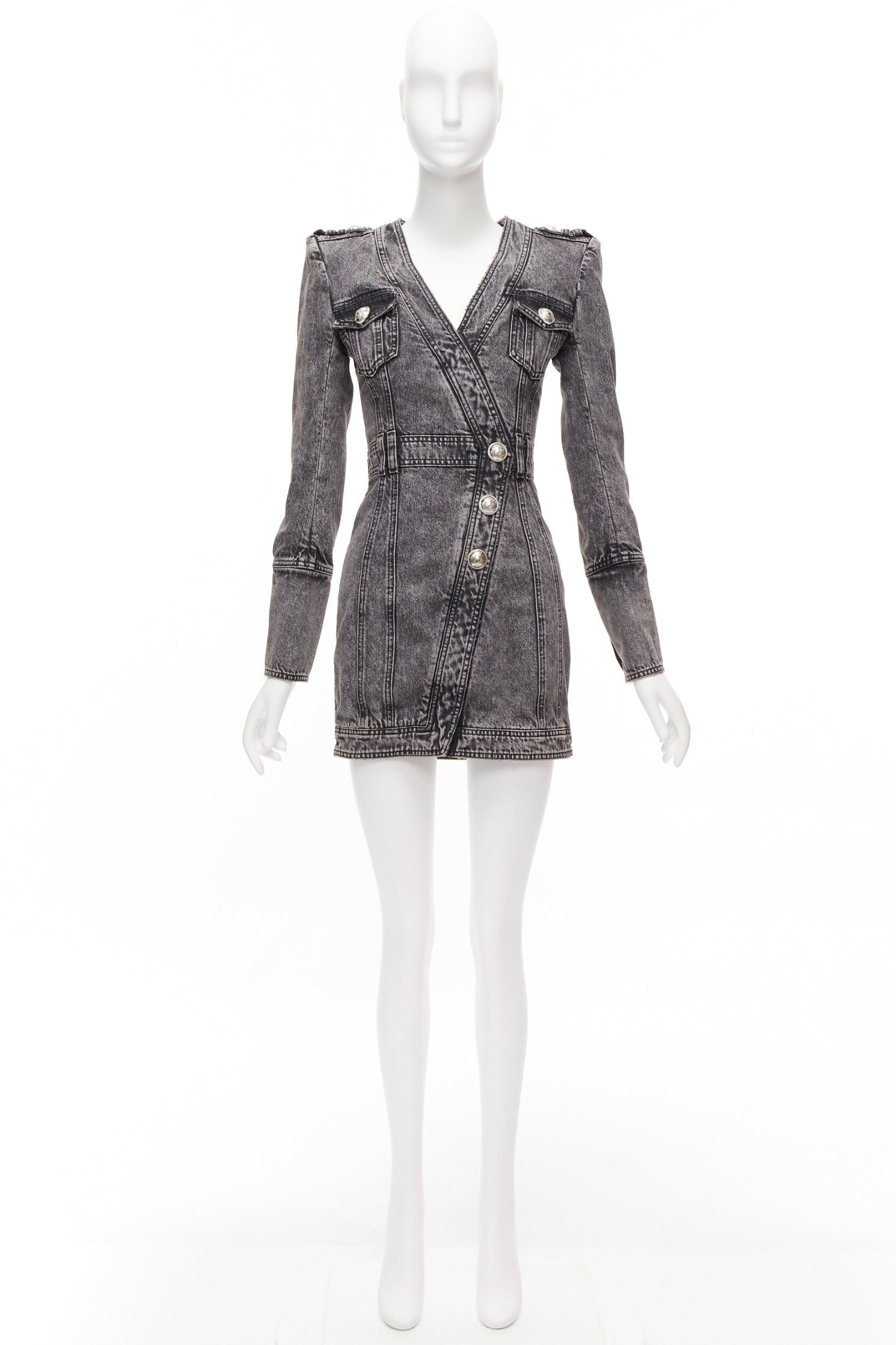Balmain BALMAIN grey acid washed denim button embellished wrapped mini dress FR34 XS Size XS / US 0-2 / IT 36-38 - 9 Thumbnail