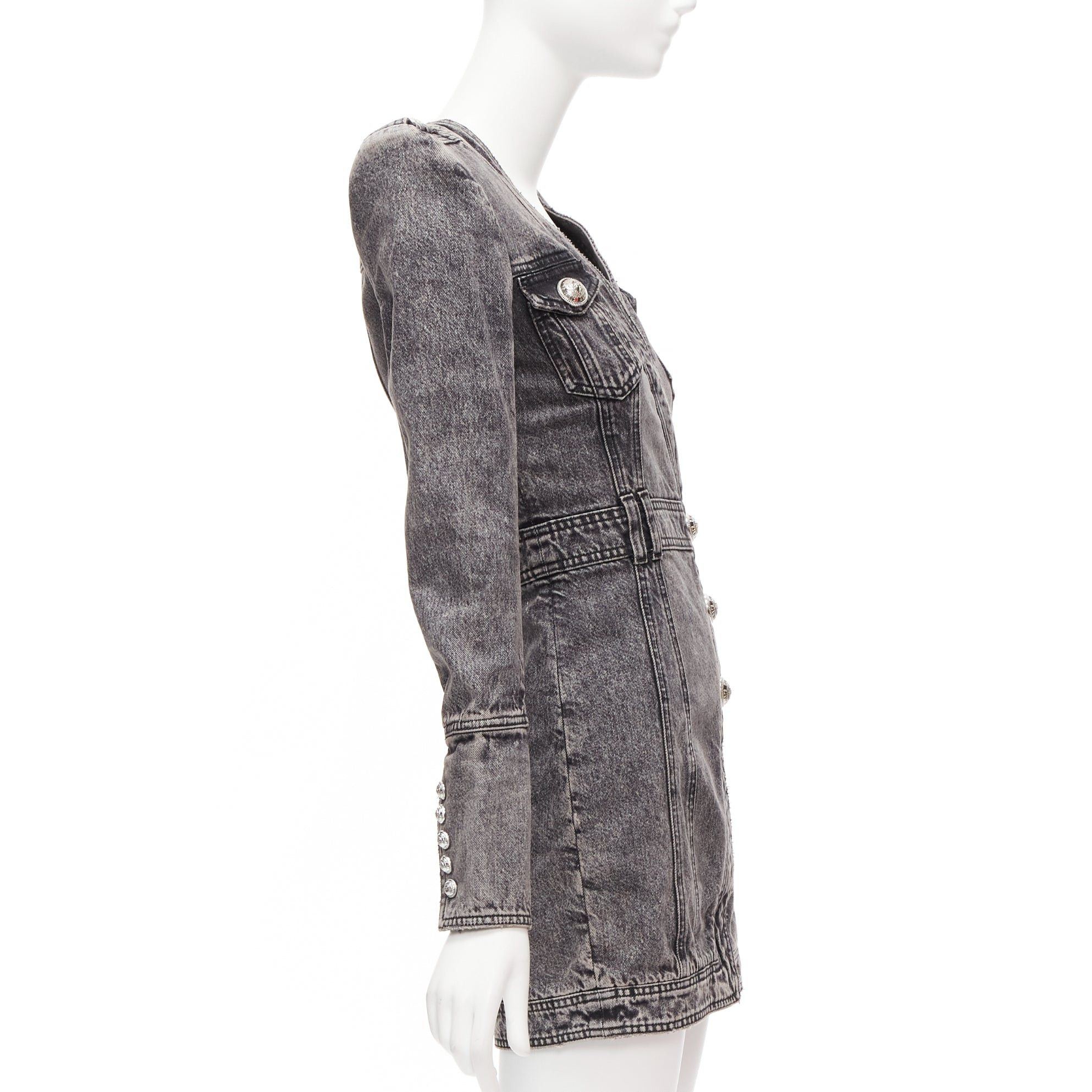 Balmain BALMAIN grey acid washed denim button embellished wrapped mini dress FR34 XS Size XS / US 0-2 / IT 36-38 - 4 Thumbnail