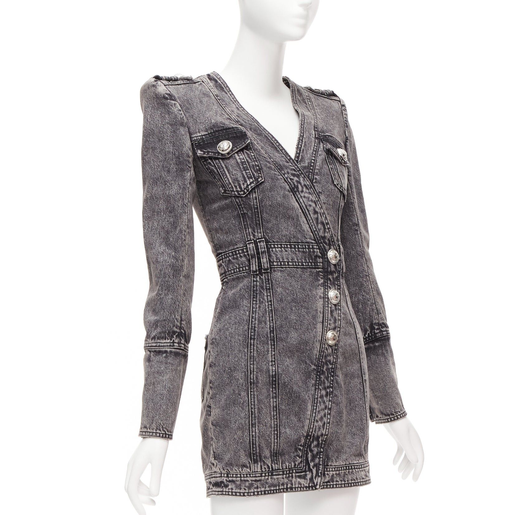 Balmain BALMAIN grey acid washed denim button embellished wrapped mini dress FR34 XS Size XS / US 0-2 / IT 36-38 - 3 Thumbnail