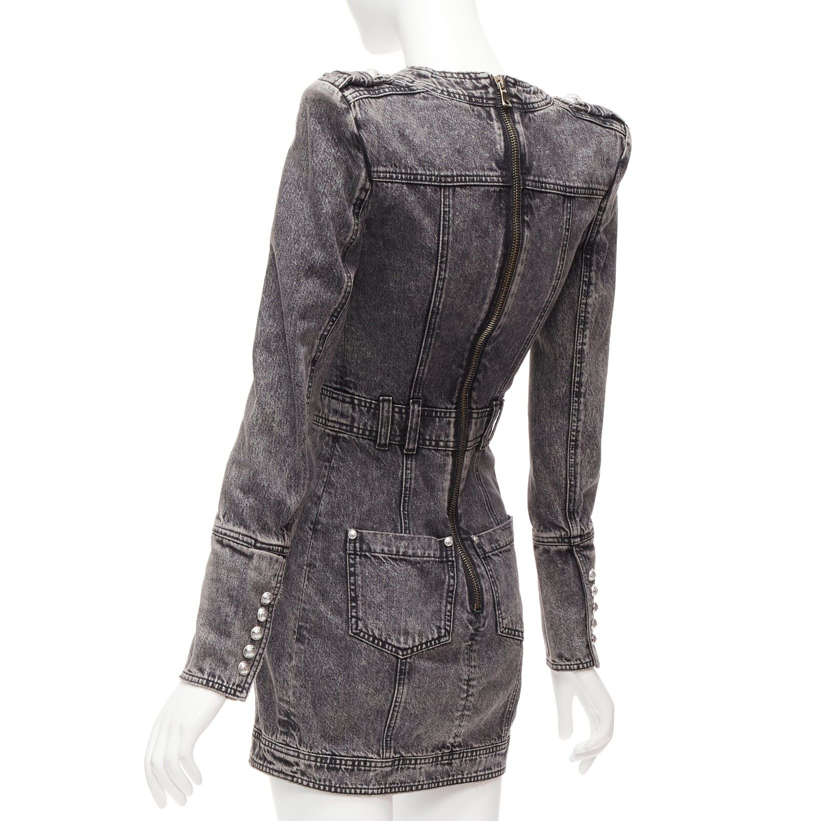 Balmain BALMAIN grey acid washed denim button embellished wrapped mini dress FR34 XS Size XS / US 0-2 / IT 36-38 - 6 Thumbnail