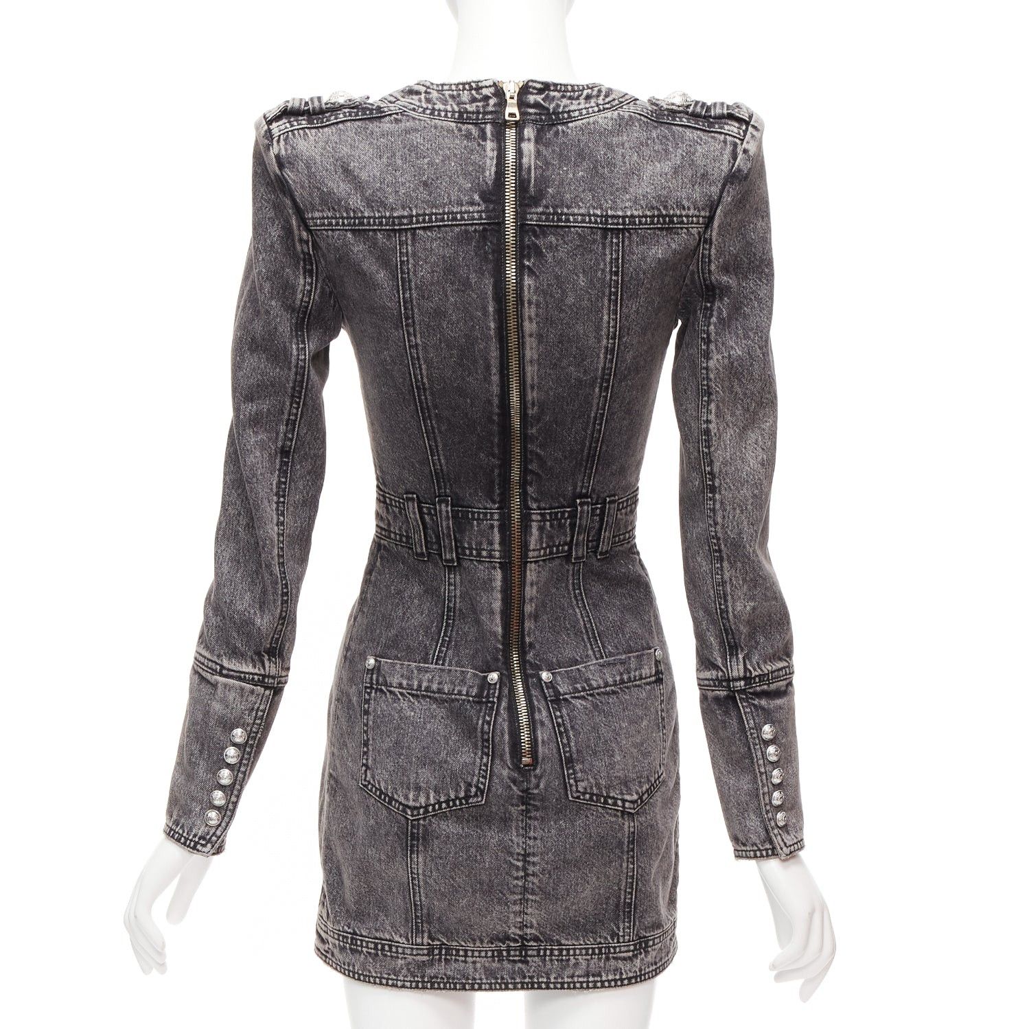 Balmain BALMAIN grey acid washed denim button embellished wrapped mini dress FR34 XS Size XS / US 0-2 / IT 36-38 - 5 Thumbnail