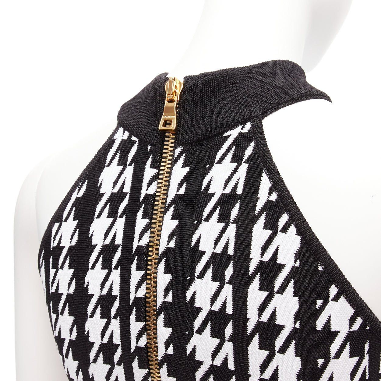 Balmain BALMAIN 2023 black white houndstooth gold lion button halter mini dress FR34 XS Size XS / US 0-2 / IT 36-38 - 7 Thumbnail