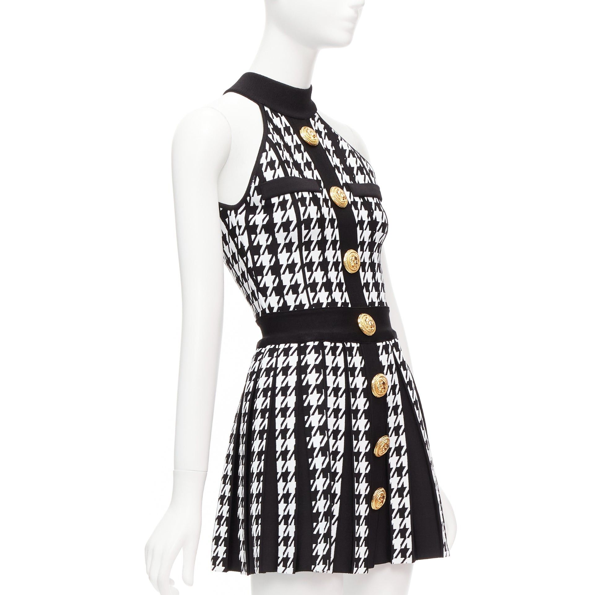Balmain BALMAIN 2023 black white houndstooth gold lion button halter mini dress FR34 XS Size XS / US 0-2 / IT 36-38 - 3 Thumbnail