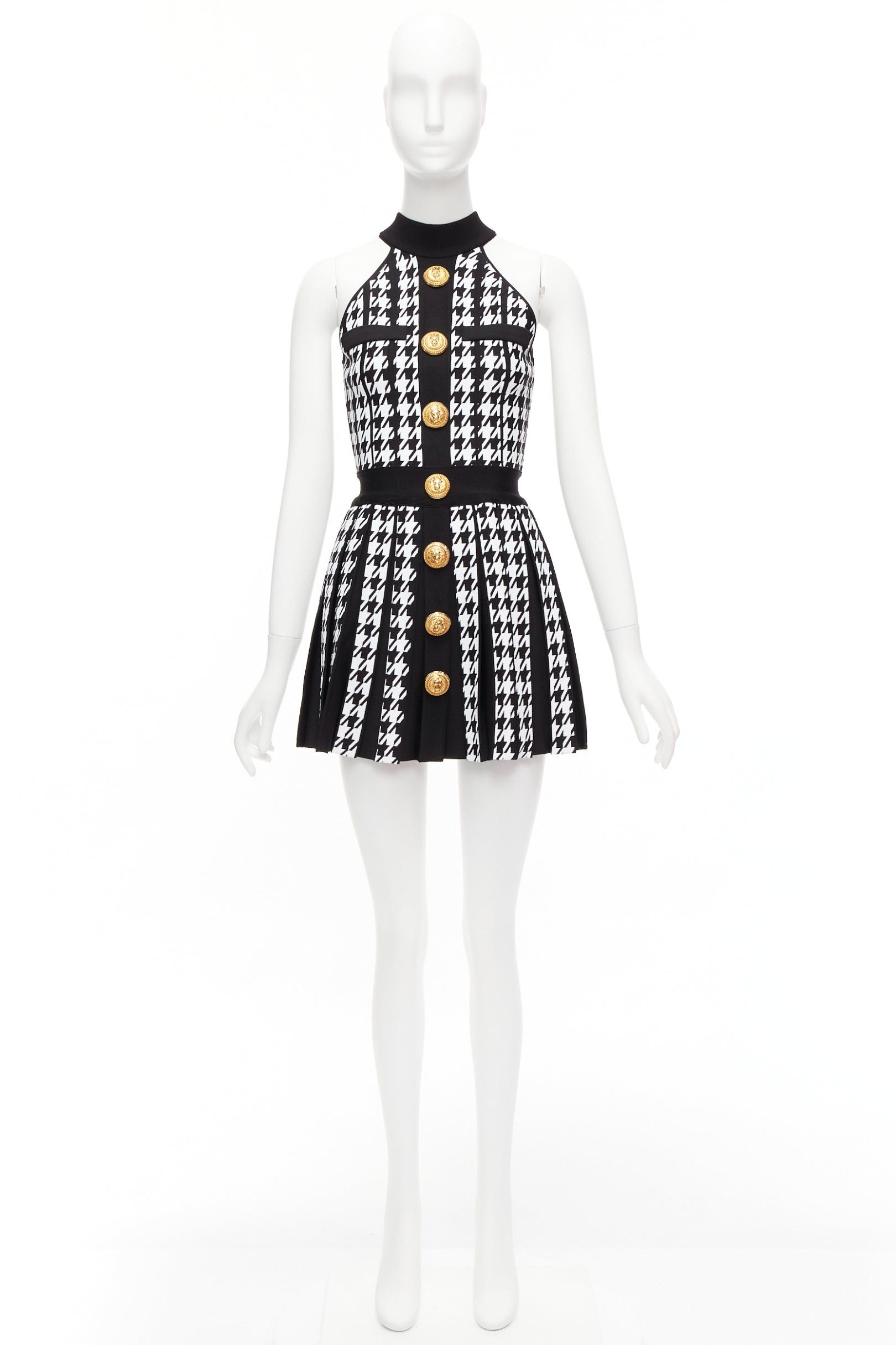 Balmain BALMAIN 2023 black white houndstooth gold lion button halter mini dress FR34 XS Size XS / US 0-2 / IT 36-38 - 9 Thumbnail
