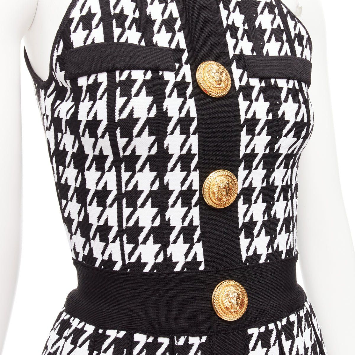 Balmain BALMAIN 2023 black white houndstooth gold lion button halter mini dress FR34 XS Size XS / US 0-2 / IT 36-38 - 2 Thumbnail