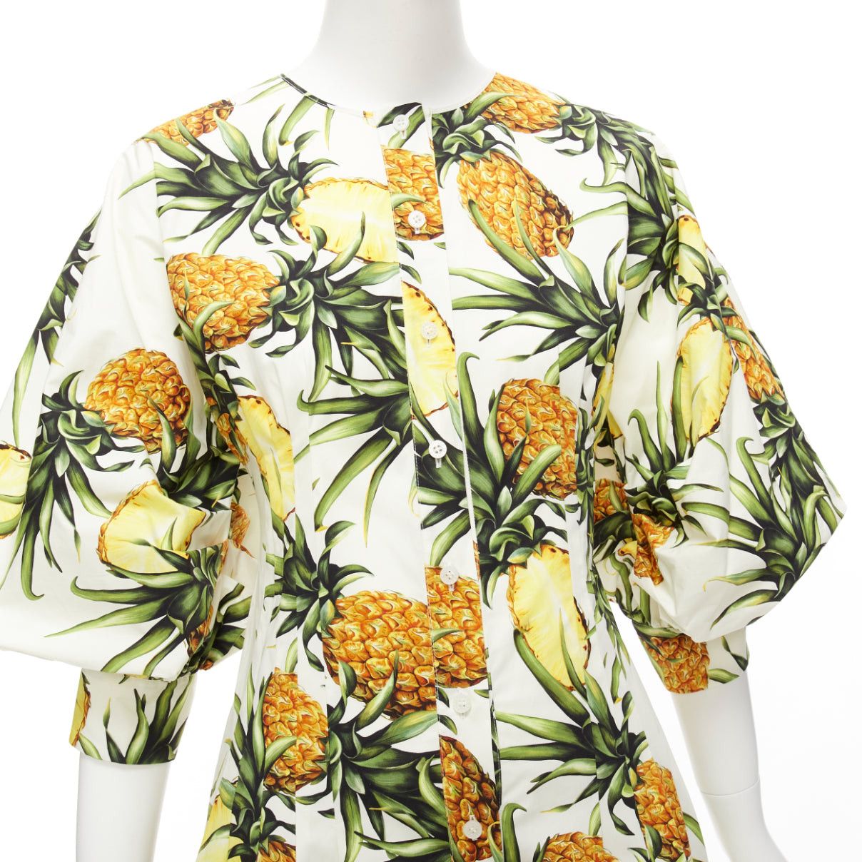 Oscar De La Renta OSCAR DE LA RENTA 2021 yellow white pineapple print puff sleeve dress US2 S Size S / US 4 / IT 40 - 7 Thumbnail