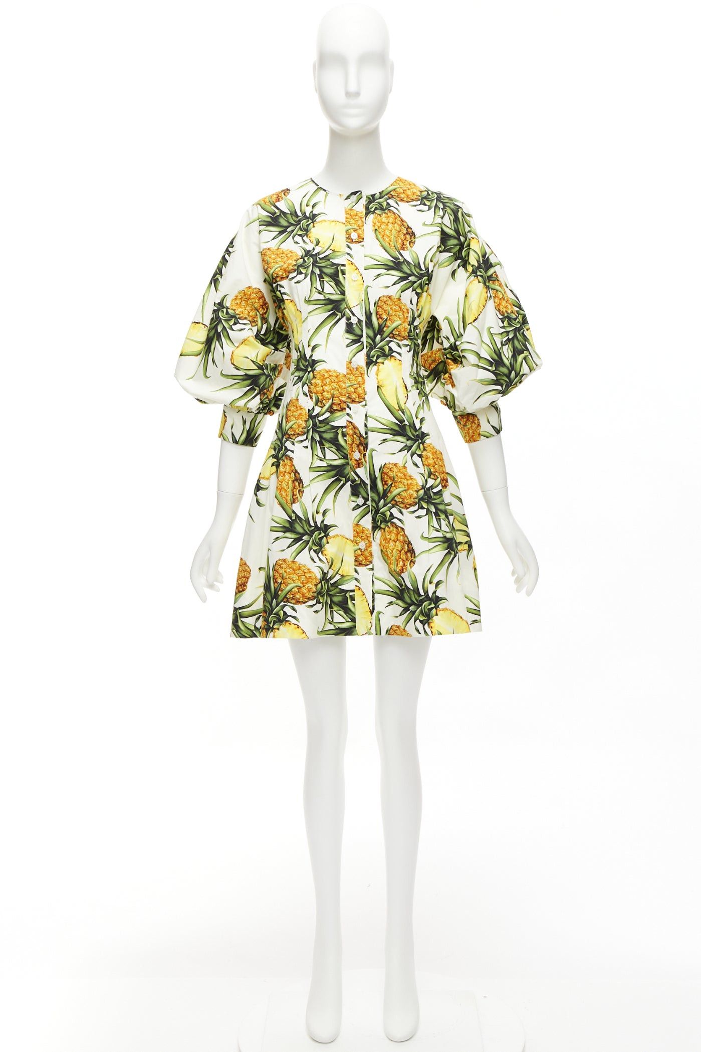 Oscar De La Renta OSCAR DE LA RENTA 2021 yellow white pineapple print puff sleeve dress US2 S Size S / US 4 / IT 40 - 9 Thumbnail