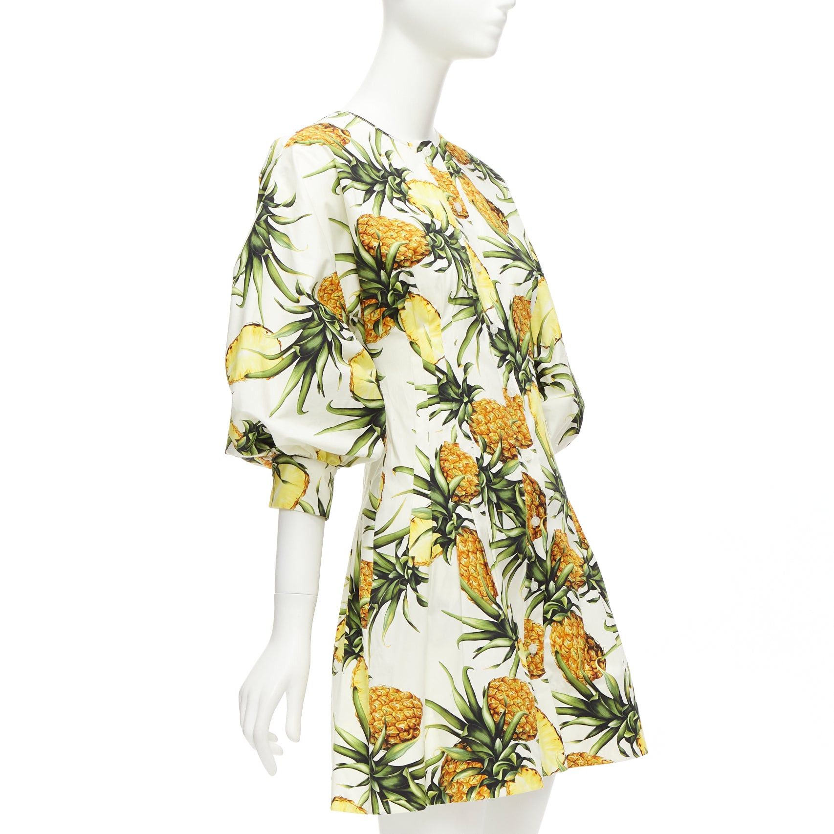 Oscar De La Renta OSCAR DE LA RENTA 2021 yellow white pineapple print puff sleeve dress US2 S Size S / US 4 / IT 40 - 3 Thumbnail