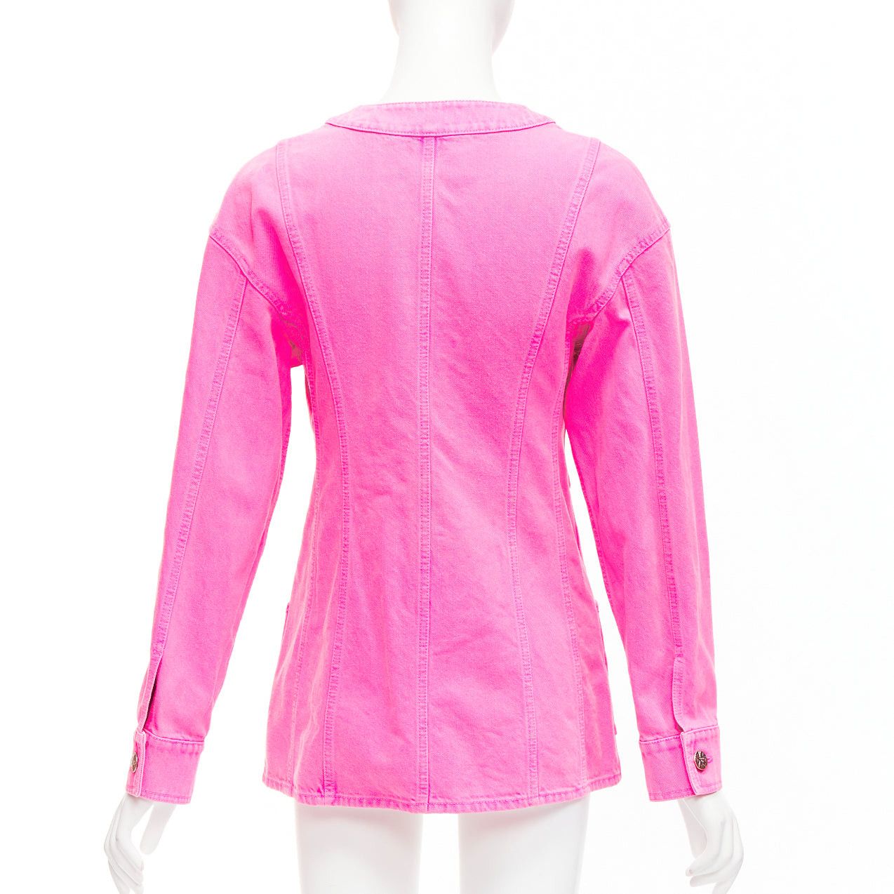 Chanel CHANEL 2021 neon pink cotton denim CC logo camellia embellished jacket FR34 XS Size XS / US 0-2 / IT 36-38 - 6 Thumbnail
