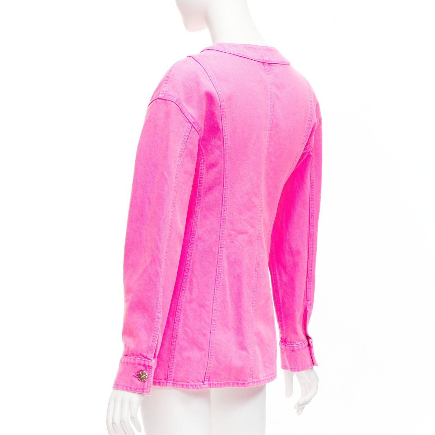 Chanel CHANEL 2021 neon pink cotton denim CC logo camellia embellished jacket FR34 XS Size XS / US 0-2 / IT 36-38 - 7 Thumbnail