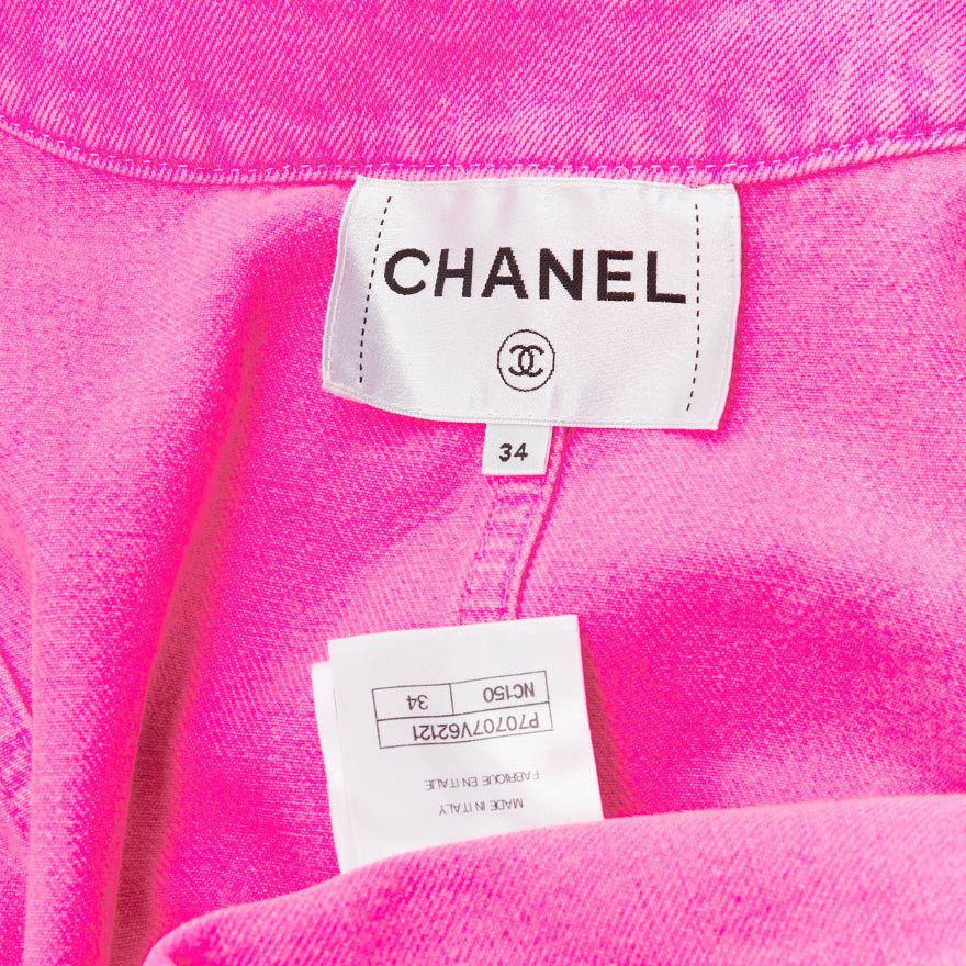 Chanel CHANEL 2021 neon pink cotton denim CC logo camellia embellished jacket FR34 XS Size XS / US 0-2 / IT 36-38 - 9 Thumbnail