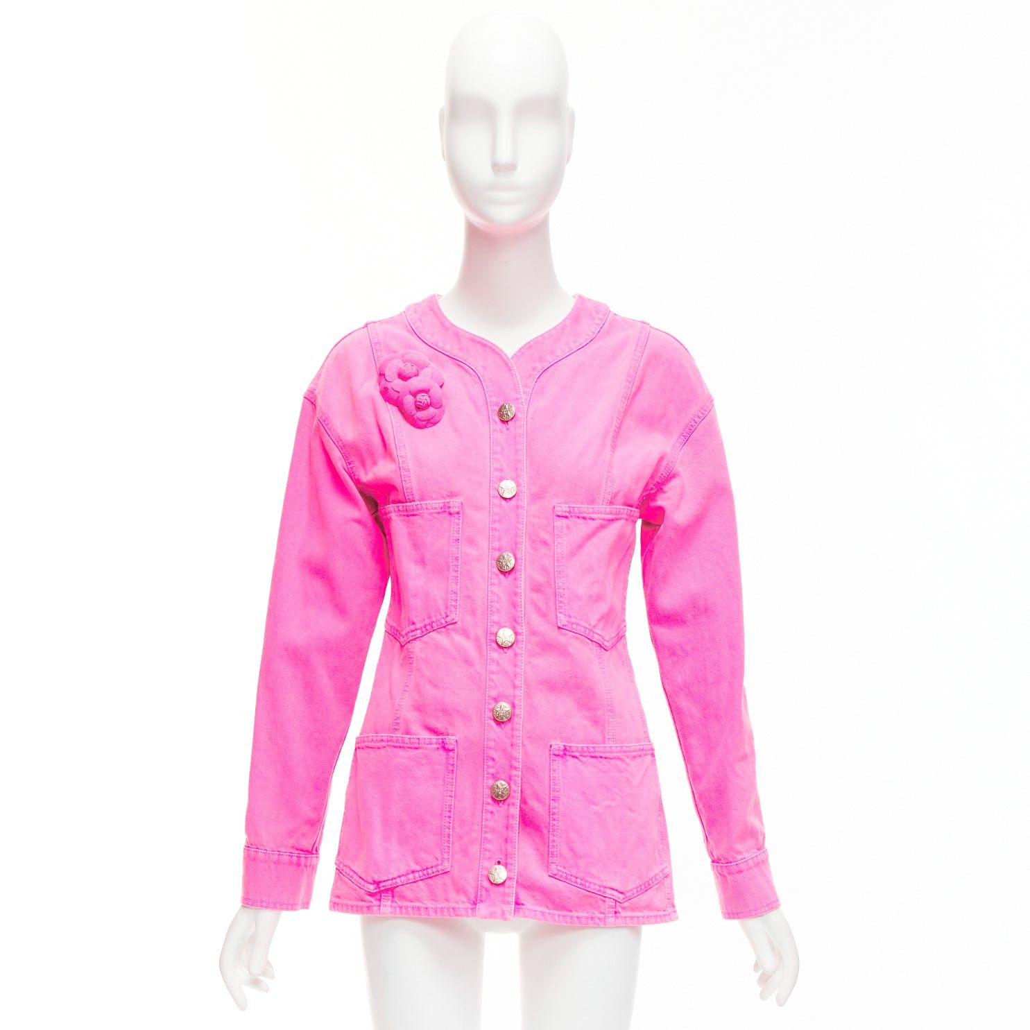 Chanel CHANEL 2021 neon pink cotton denim CC logo camellia embellished jacket FR34 XS Size XS / US 0-2 / IT 36-38 - 10 Thumbnail