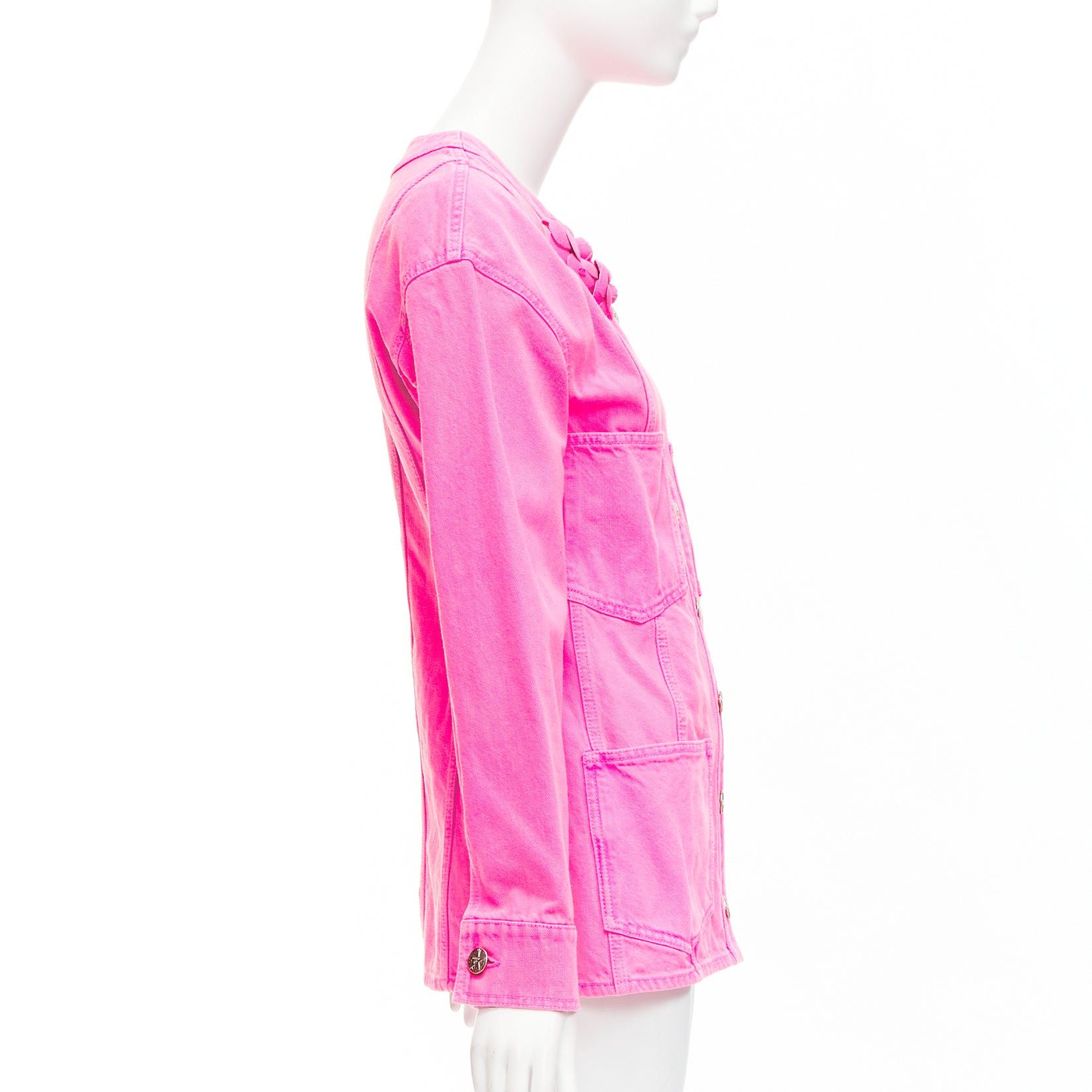 Chanel CHANEL 2021 neon pink cotton denim CC logo camellia embellished jacket FR34 XS Size XS / US 0-2 / IT 36-38 - 5 Thumbnail