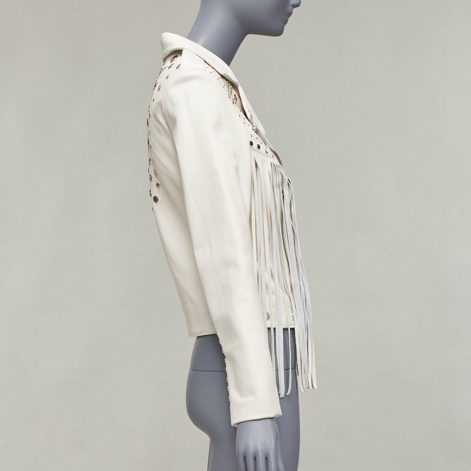 Nour Hammour NOUR HAMMOUR cream lambskin fringe silver studs western biker jacket FR34 XS Size XXS / US 00 / IT 34 - 5 Thumbnail