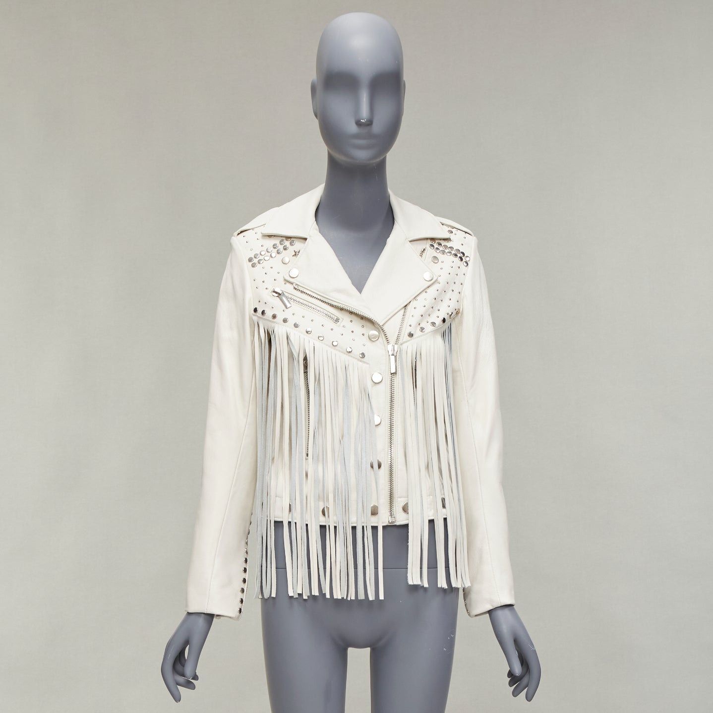 Nour Hammour NOUR HAMMOUR cream lambskin fringe silver studs western biker jacket FR34 XS Size XXS / US 00 / IT 34 - 13 Thumbnail