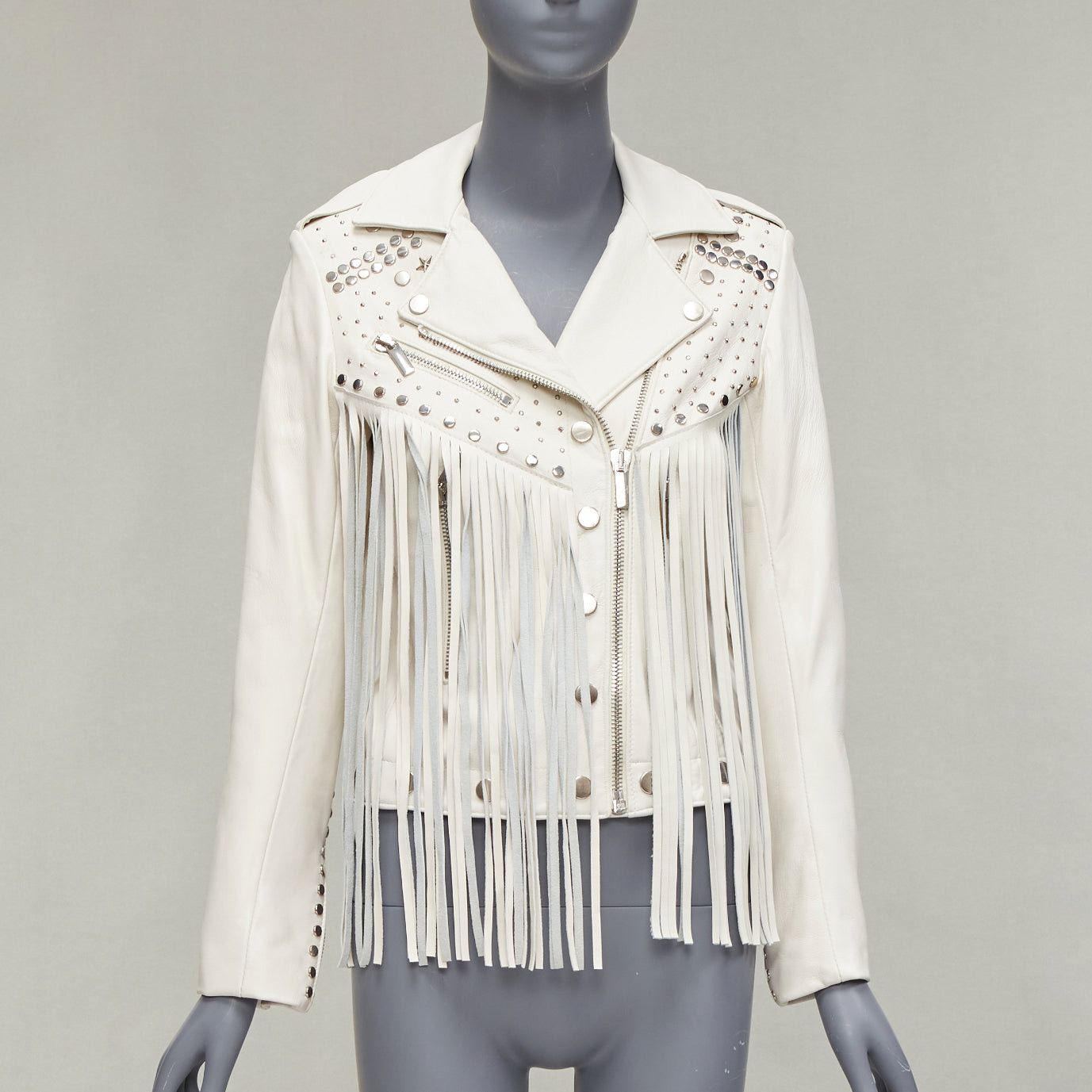 Nour Hammour NOUR HAMMOUR cream lambskin fringe silver studs western biker jacket FR34 XS Size XXS / US 00 / IT 34 - 3 Thumbnail