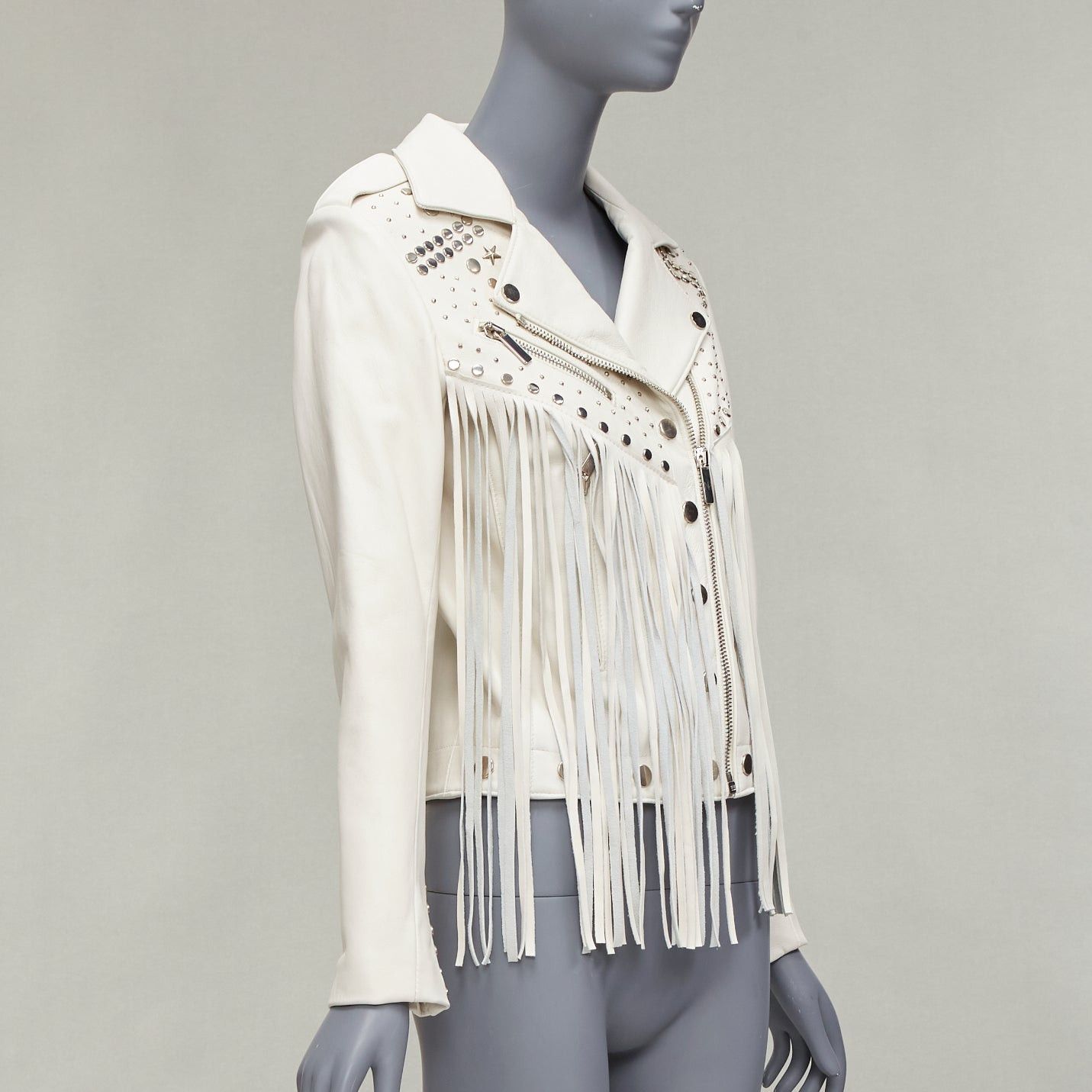 Nour Hammour NOUR HAMMOUR cream lambskin fringe silver studs western biker jacket FR34 XS Size XXS / US 00 / IT 34 - 4 Thumbnail