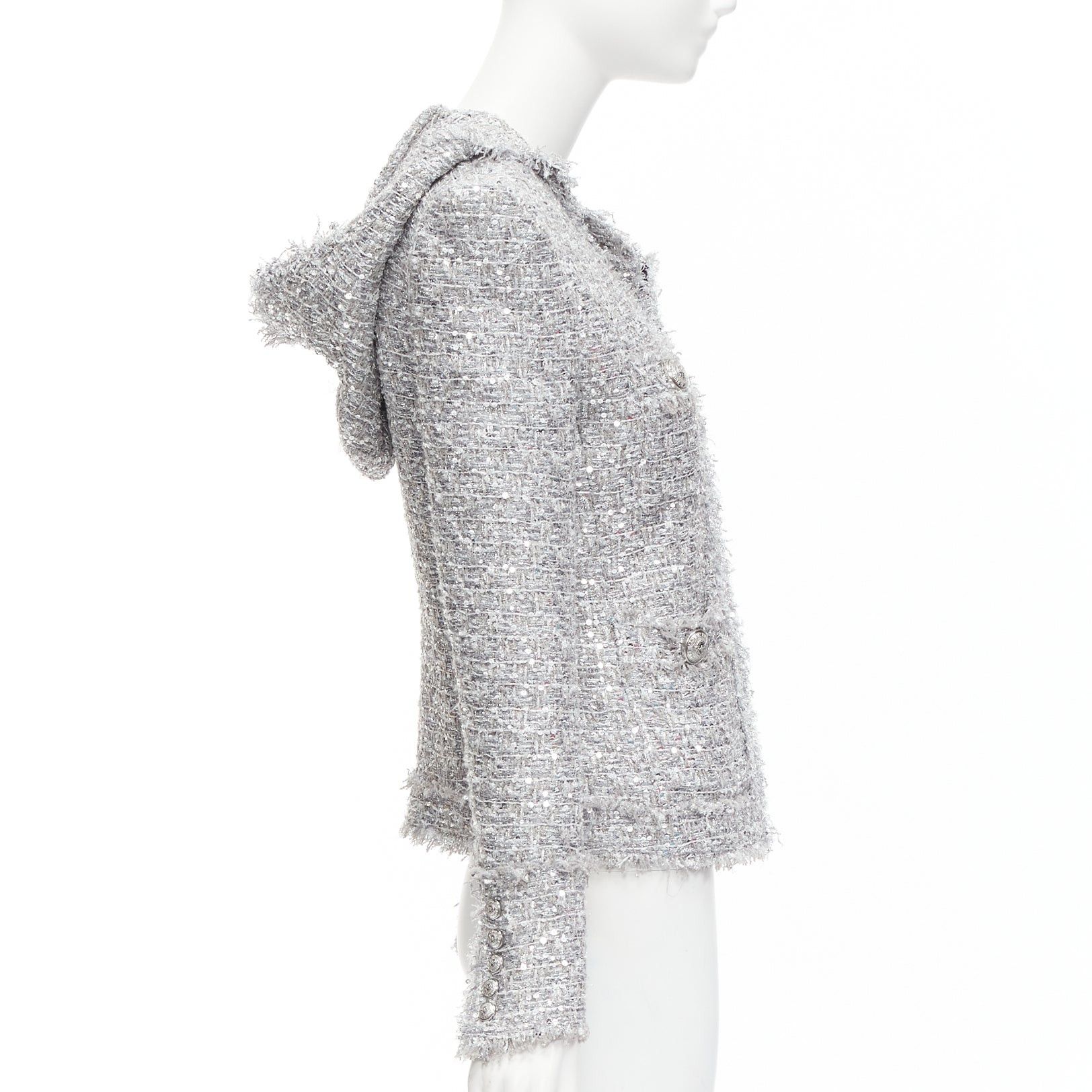Balmain BALMAIN silver sequinned metallic boucle tweed hooded power shoulder jacket FR36 S Size S / US 4 / IT 40 - 5 Thumbnail