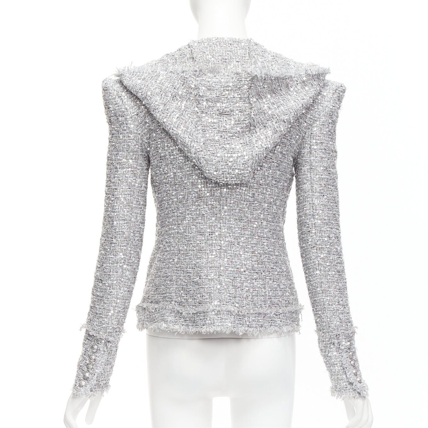 Balmain BALMAIN silver sequinned metallic boucle tweed hooded power shoulder jacket FR36 S Size S / US 4 / IT 40 - 6 Thumbnail