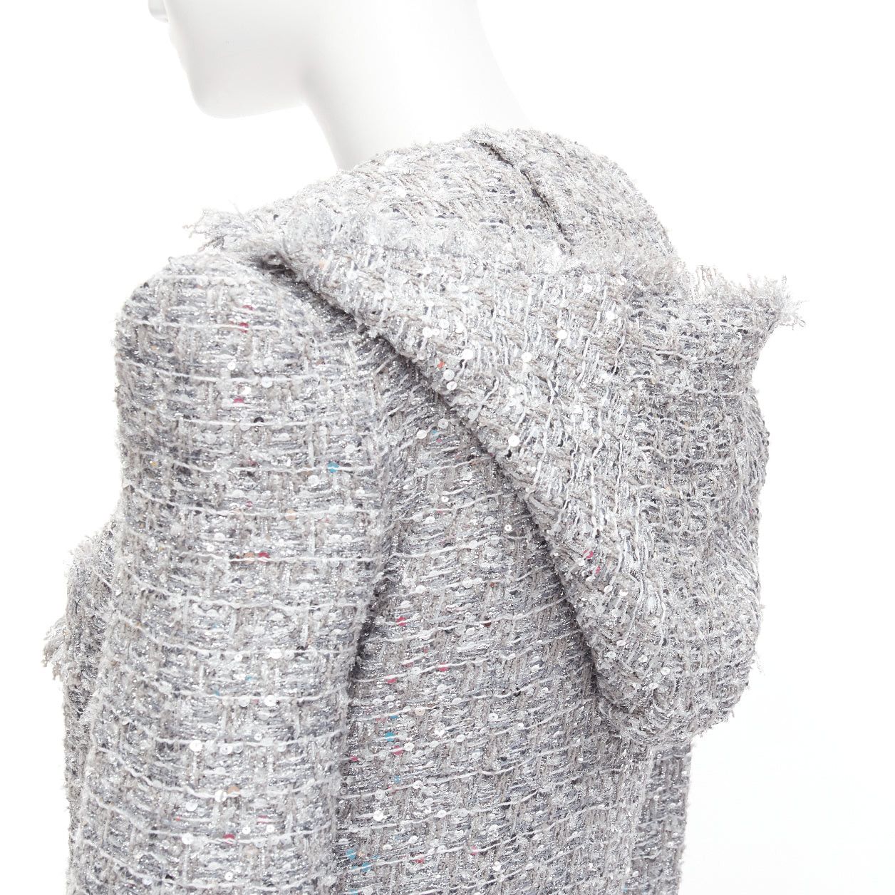 Balmain BALMAIN silver sequinned metallic boucle tweed hooded power shoulder jacket FR36 S Size S / US 4 / IT 40 - 2 Thumbnail