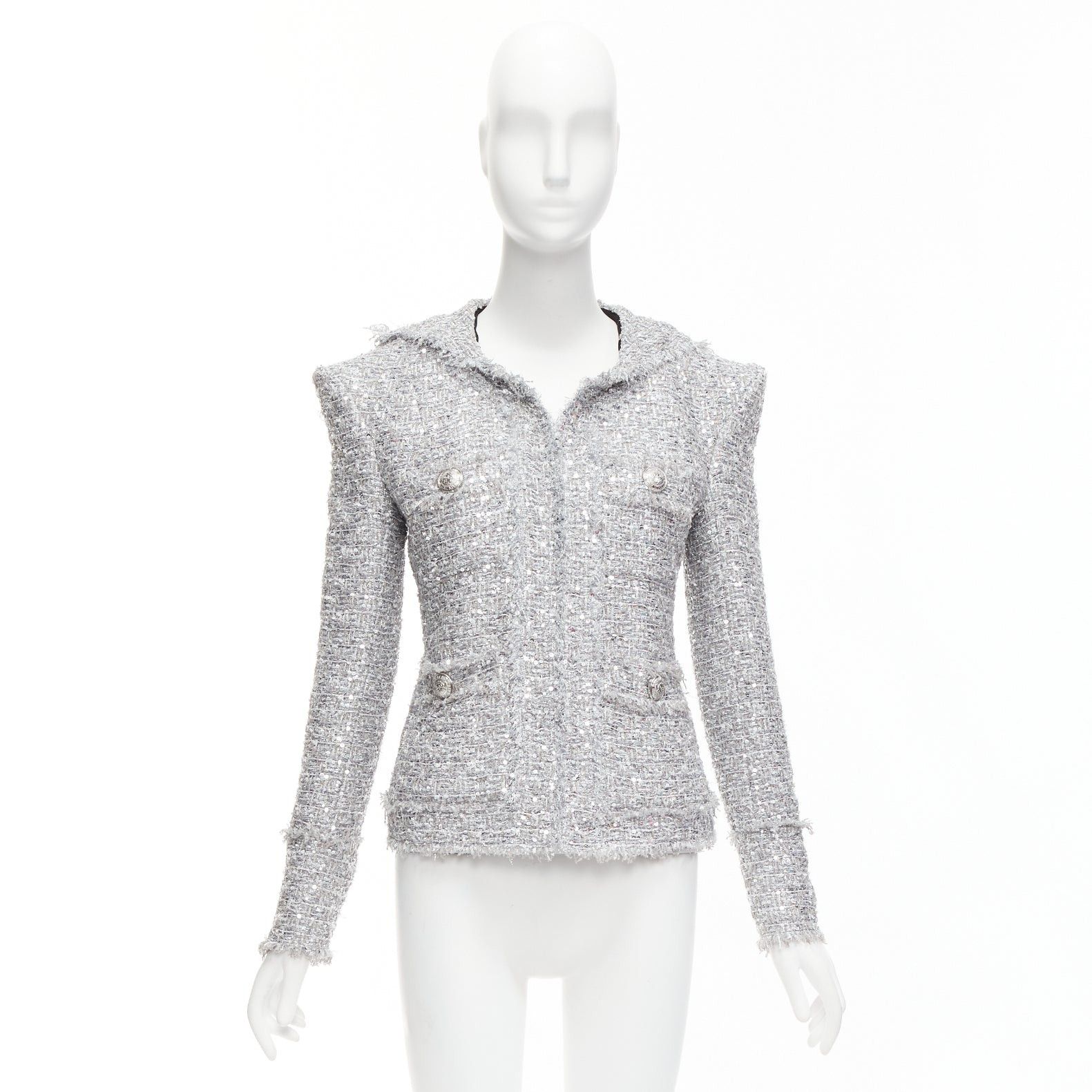 Balmain BALMAIN silver sequinned metallic boucle tweed hooded power shoulder jacket FR36 S Size S / US 4 / IT 40 - 10 Thumbnail