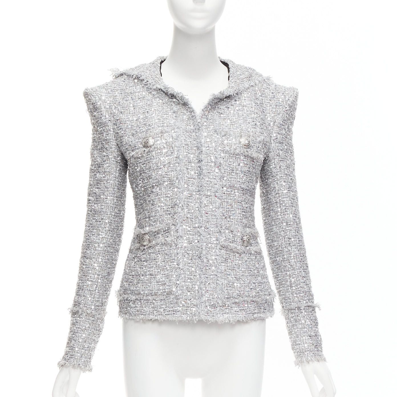 Balmain BALMAIN silver sequinned metallic boucle tweed hooded power shoulder jacket FR36 S Size S / US 4 / IT 40 - 3 Thumbnail