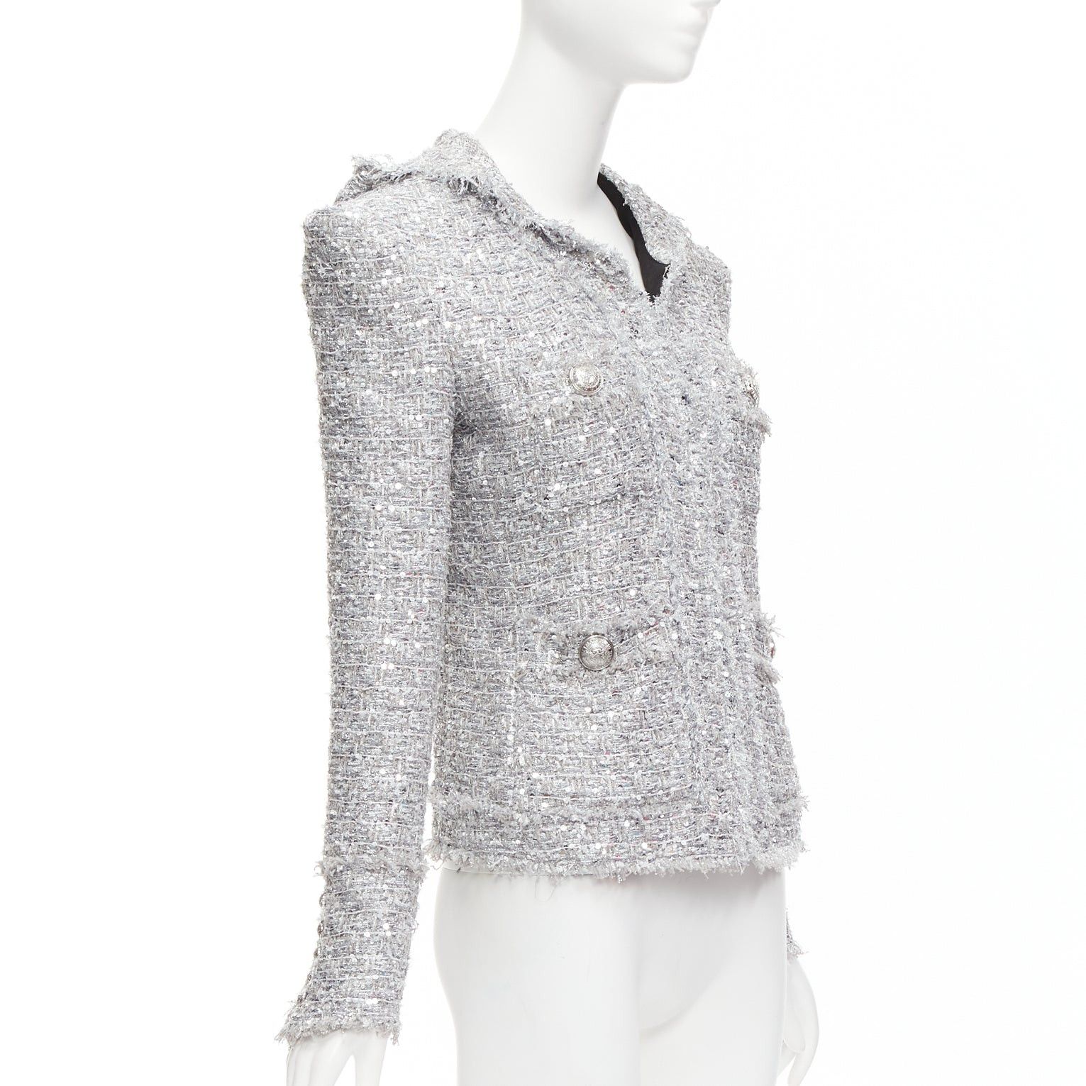 Balmain BALMAIN silver sequinned metallic boucle tweed hooded power shoulder jacket FR36 S Size S / US 4 / IT 40 - 4 Thumbnail