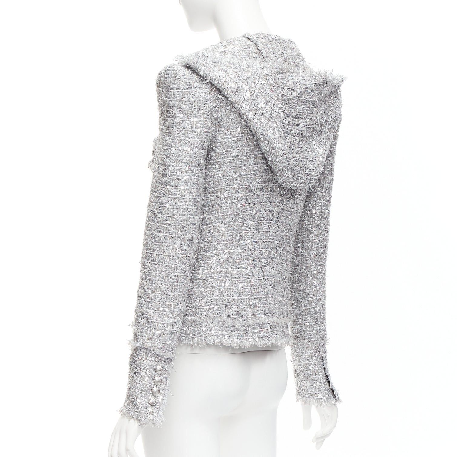 Balmain BALMAIN silver sequinned metallic boucle tweed hooded power shoulder jacket FR36 S Size S / US 4 / IT 40 - 7 Thumbnail