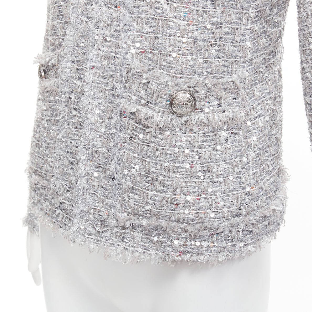 Balmain BALMAIN silver sequinned metallic boucle tweed hooded power shoulder jacket FR36 S Size S / US 4 / IT 40 - 8 Thumbnail