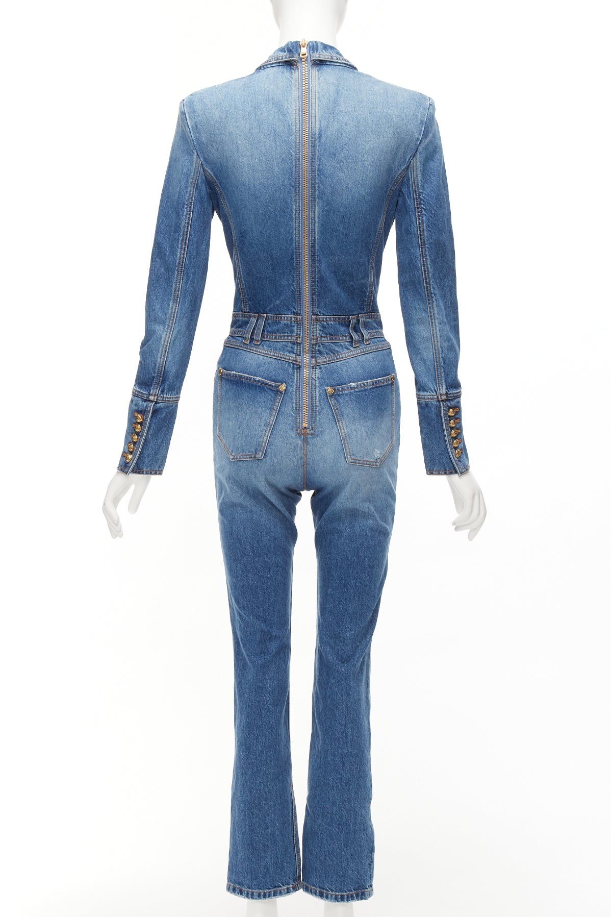 Balmain BALMAIN blue washed distressed denim gold double breasted jumpsuit FR34 XS Size 26" / US 2 / IT 38 - 5 Thumbnail