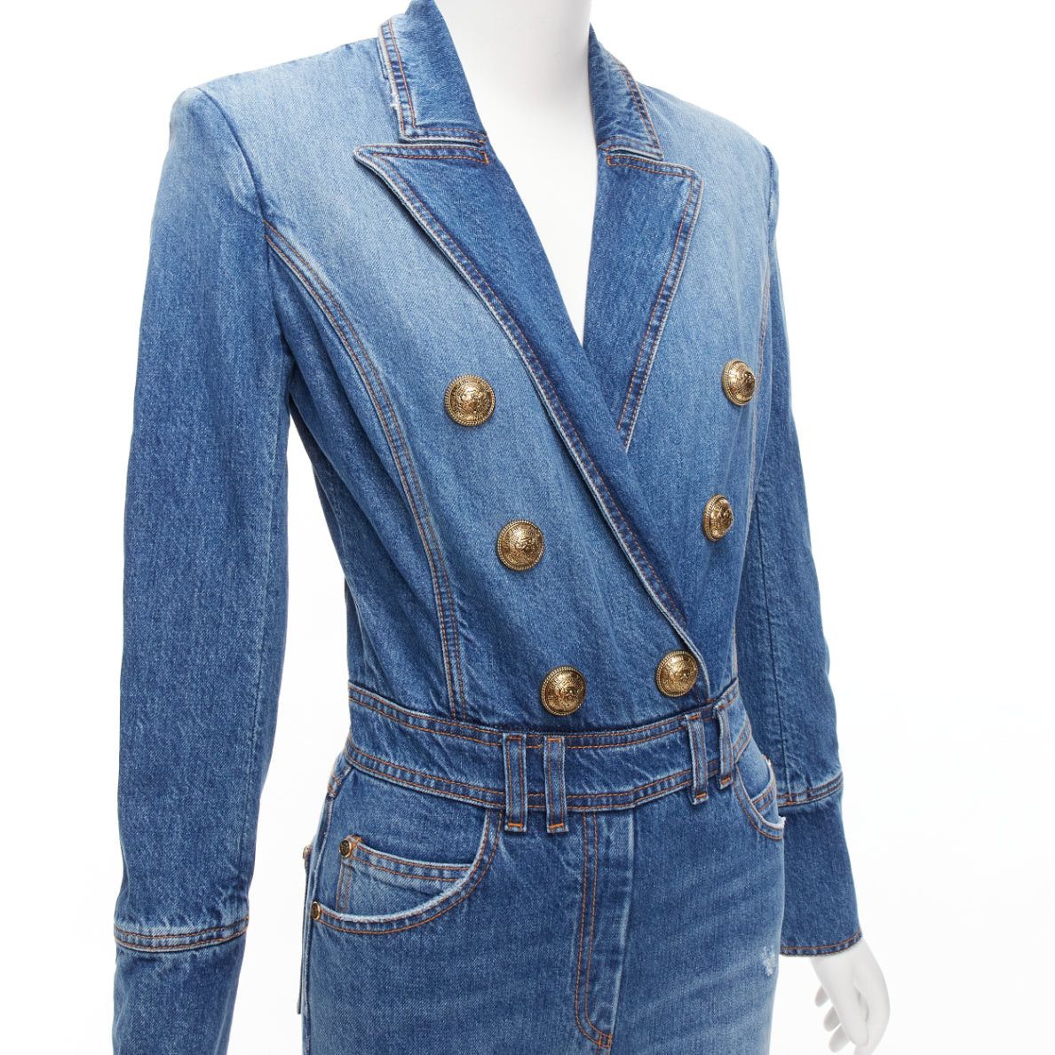 Balmain BALMAIN blue washed distressed denim gold double breasted jumpsuit FR34 XS Size 26" / US 2 / IT 38 - 7 Thumbnail