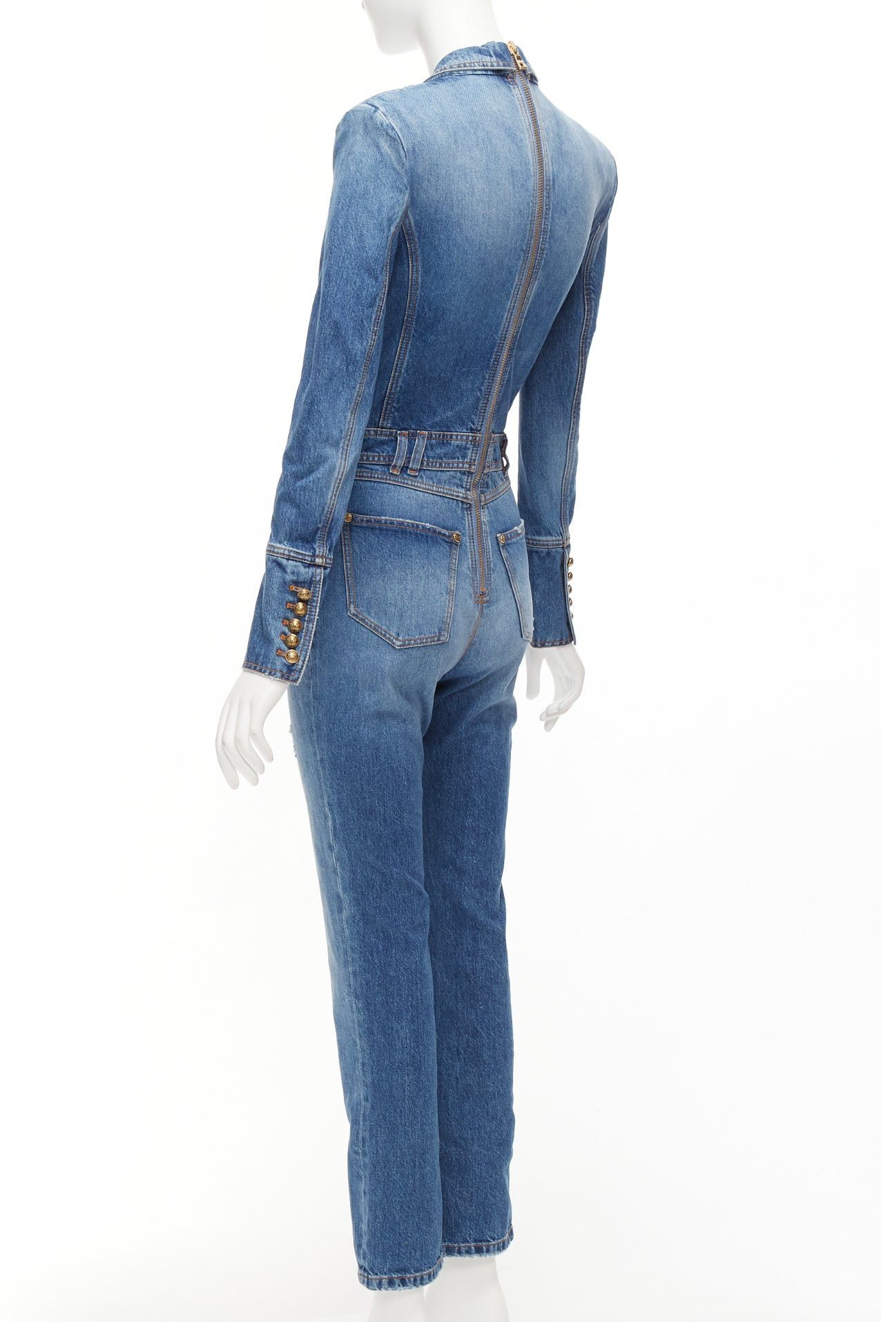 Balmain BALMAIN blue washed distressed denim gold double breasted jumpsuit FR34 XS Size 26" / US 2 / IT 38 - 6 Thumbnail