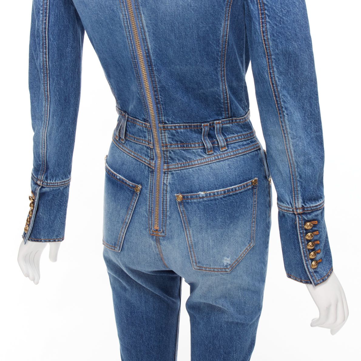 Balmain BALMAIN blue washed distressed denim gold double breasted jumpsuit FR34 XS Size 26" / US 2 / IT 38 - 2 Thumbnail