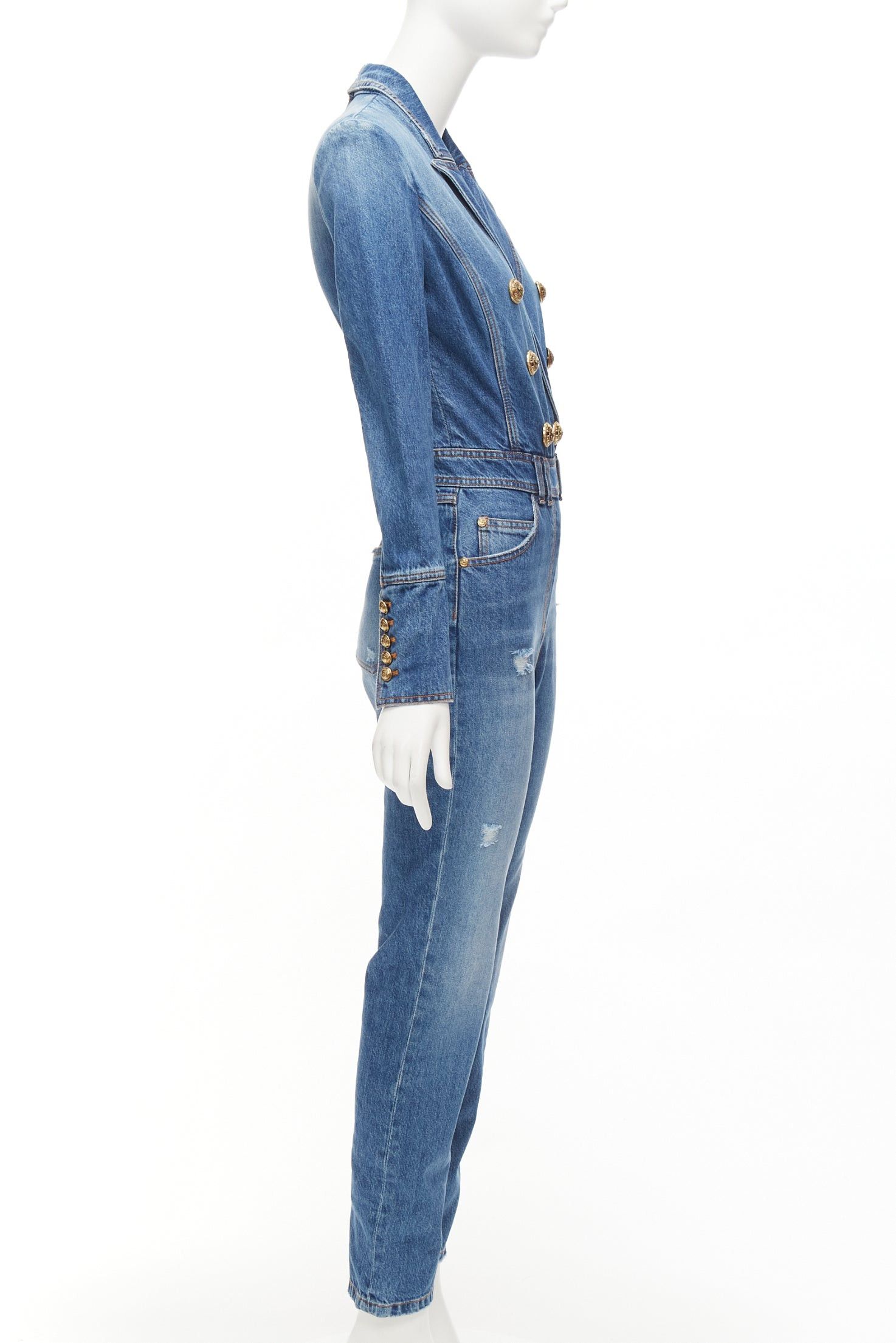 Balmain BALMAIN blue washed distressed denim gold double breasted jumpsuit FR34 XS Size 26" / US 2 / IT 38 - 4 Thumbnail