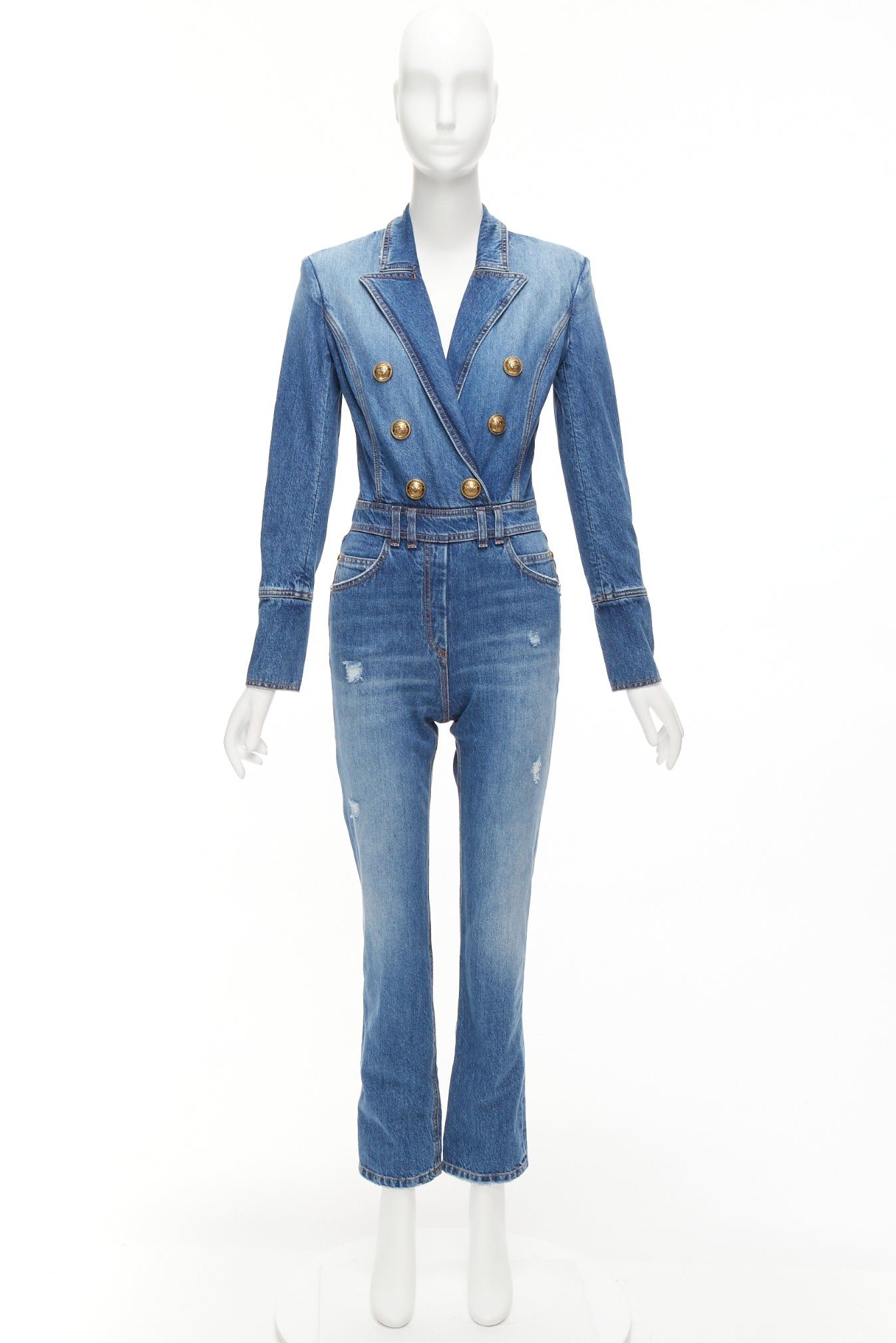 Balmain BALMAIN blue washed distressed denim gold double breasted jumpsuit FR34 XS Size 26" / US 2 / IT 38 - 9 Thumbnail